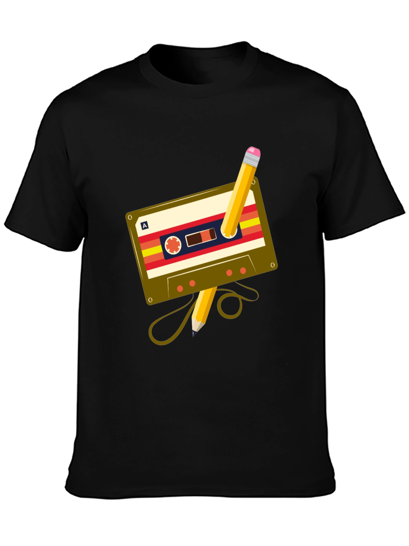 Black Retro Cassette & Pencil Graphic Tee - Music Lover's T-Shirt view 3