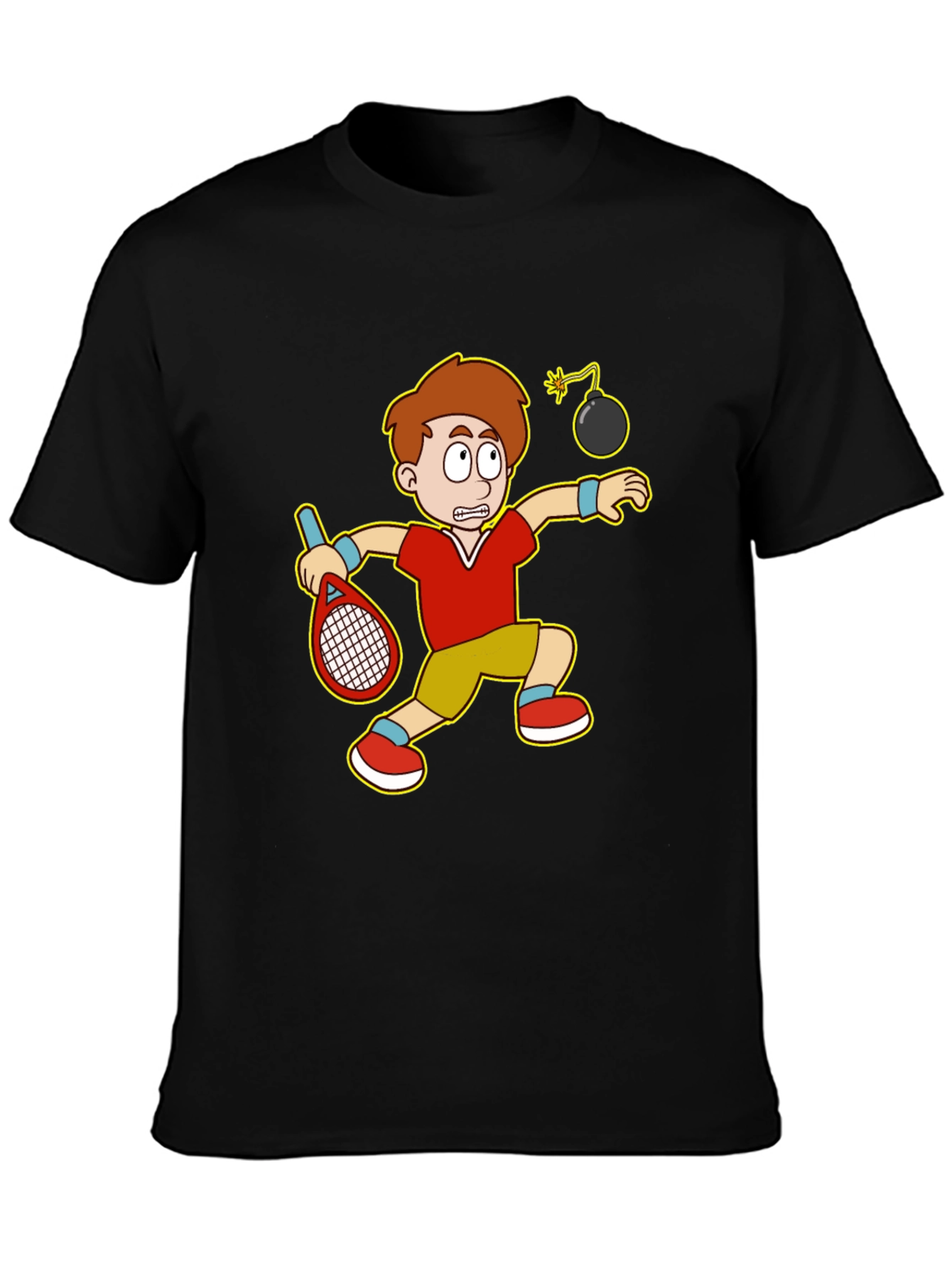 Black Funny Tennis Player Cartoon Graphic T-Shirt view 3