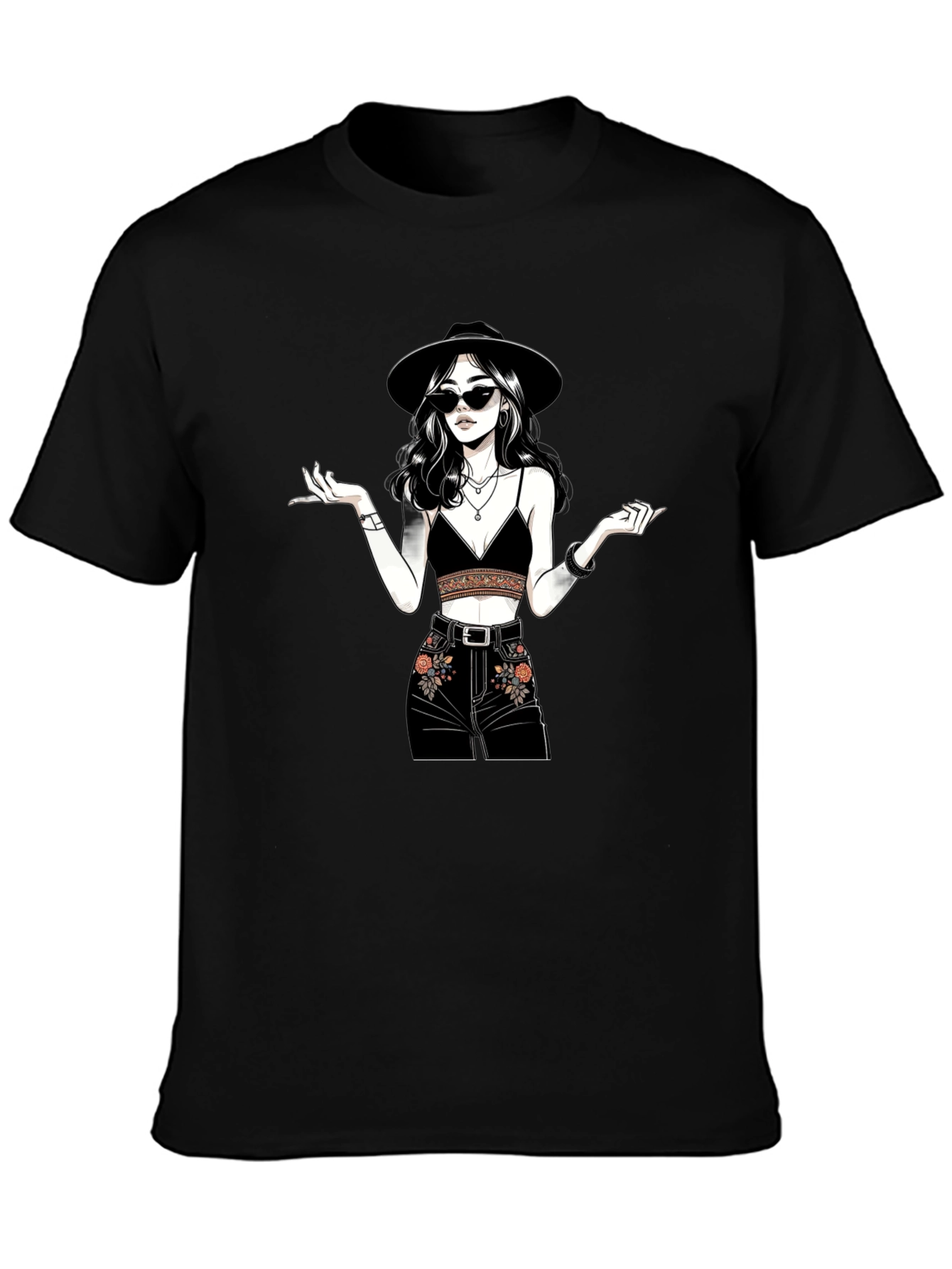 Black Stylish Graphic Print T-Shirt - Boho Chic view 3