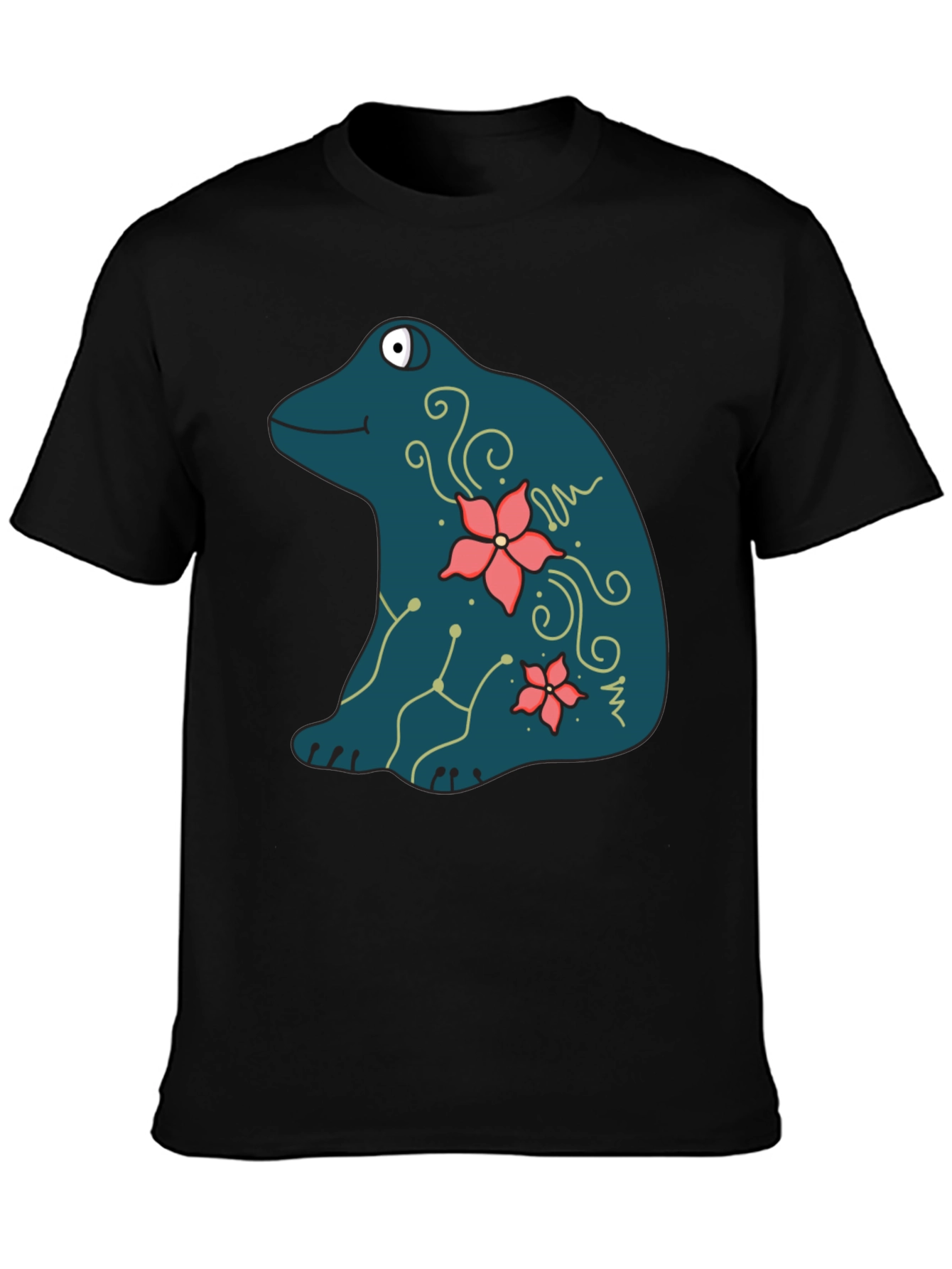 Black Frog and Flower Graphic Print Black T-Shirt view 3
