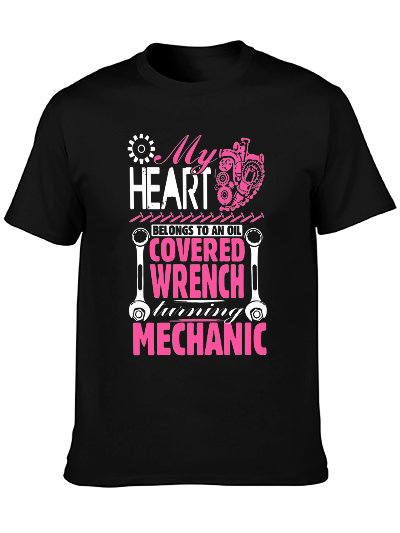 Black Mechanic Heart T-Shirt: Oil Covered Wrench Design view 3