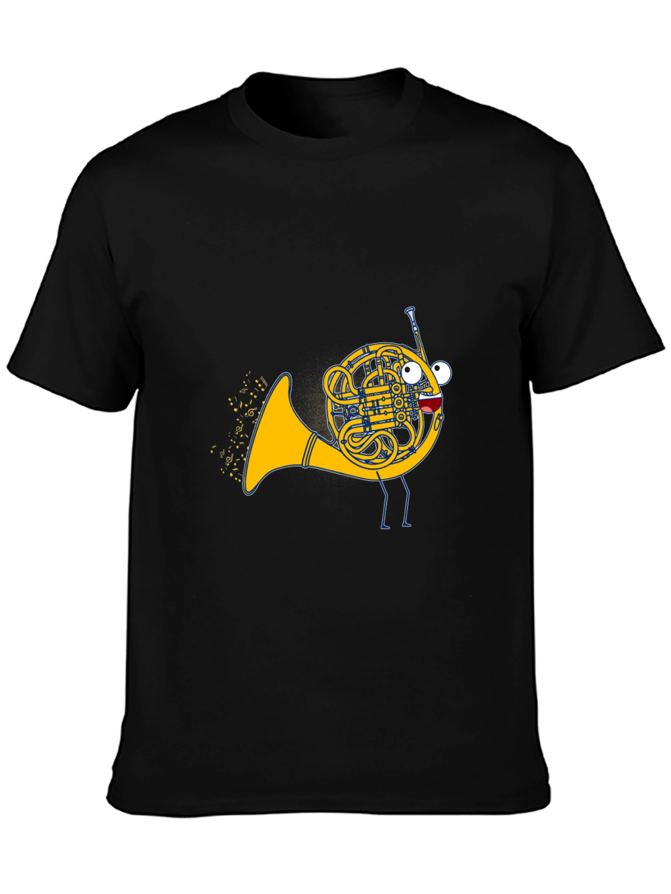 Black Musical French Horn Cartoon T-Shirt view 3