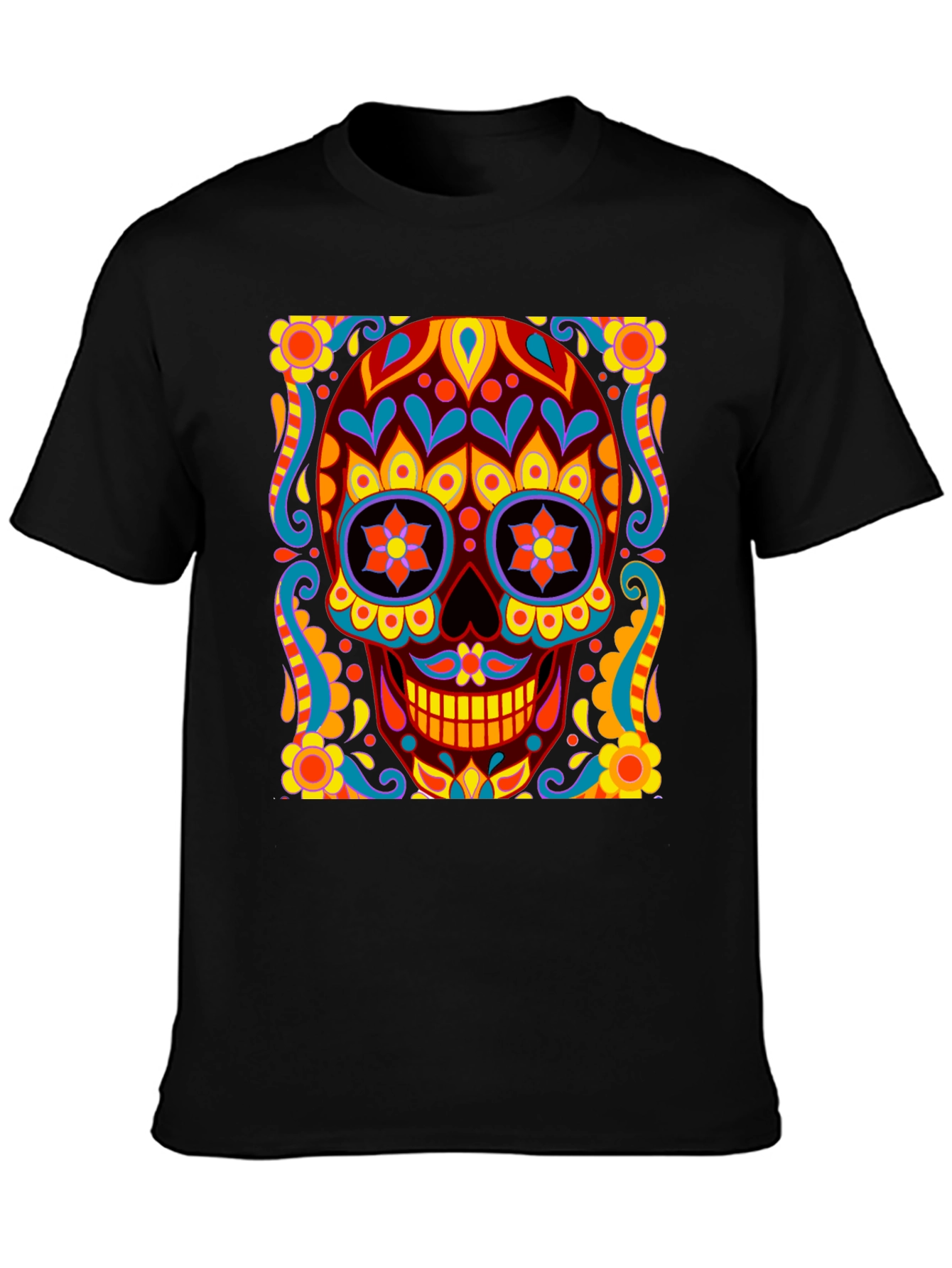 Black Day of the Dead Skull Graphic Black T-Shirt view 3