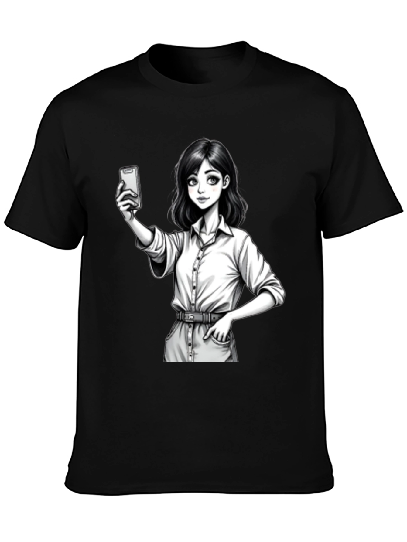 Black Anime Girl Selfie Black T-Shirt view 3