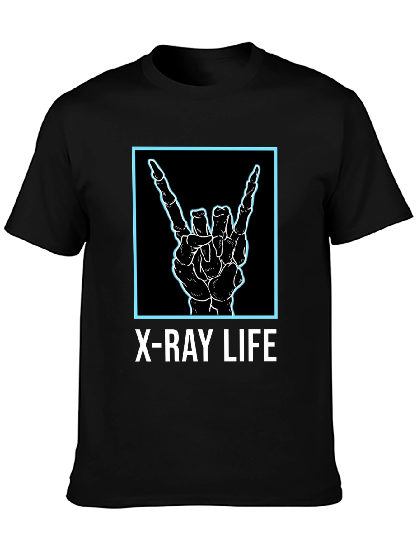 Black X-Ray Life Skeleton Hand Rock On T-Shirt view 3