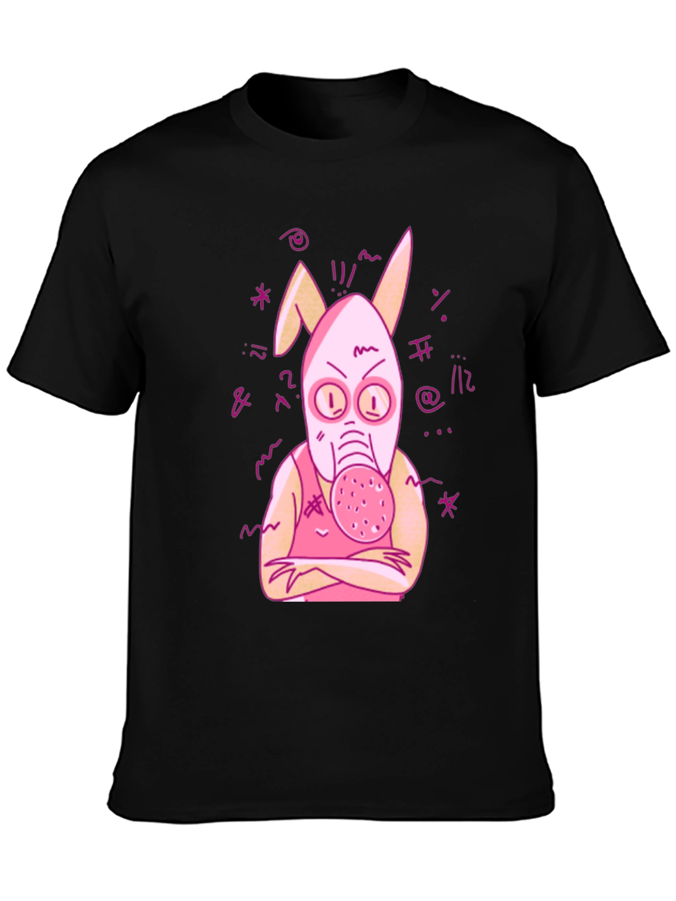 Black Unique Graphic Tee - Pink Bunny Gas Mask Design view 3