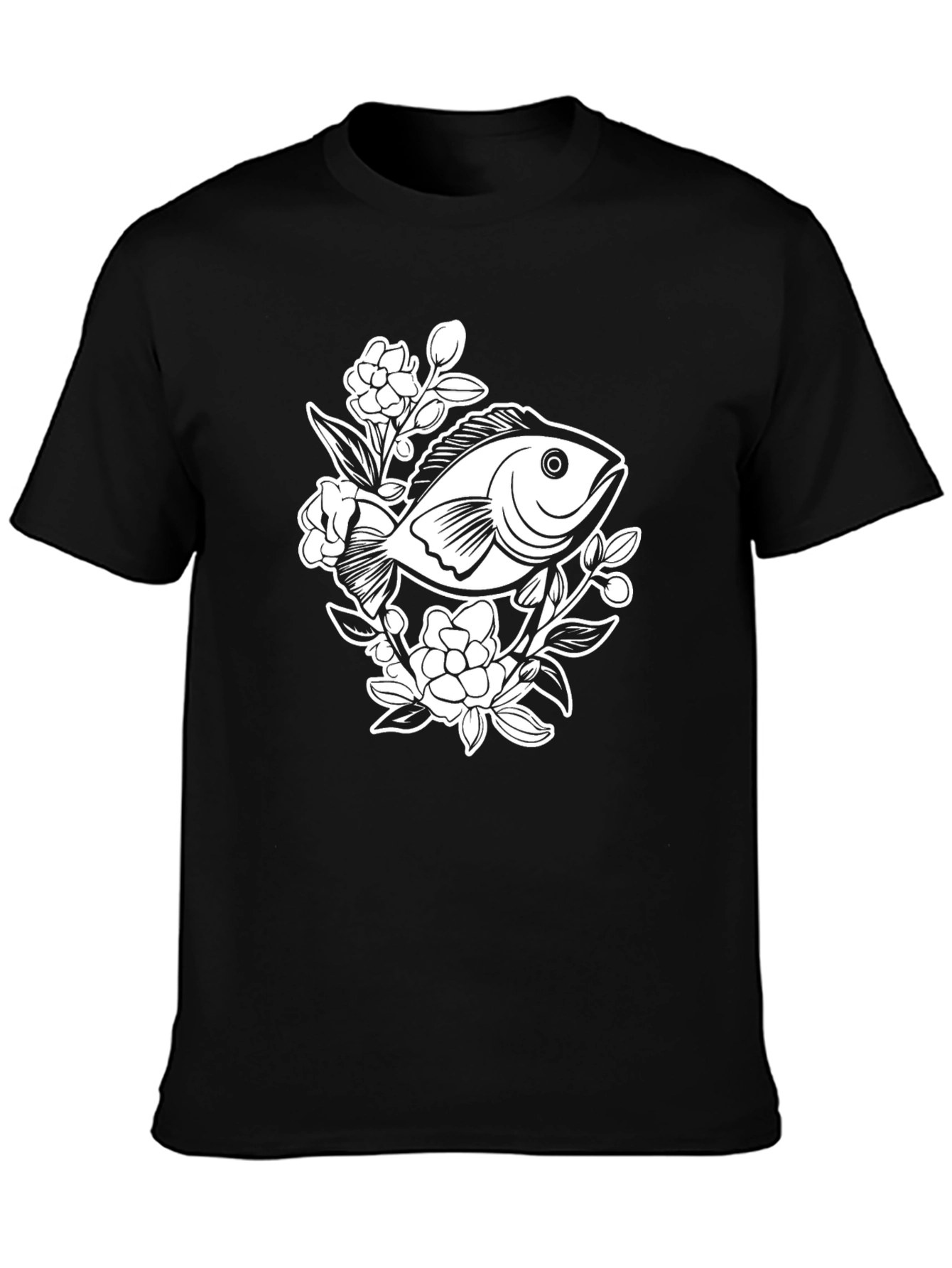 Black Black T-Shirt with Floral Fish Graphic view 3
