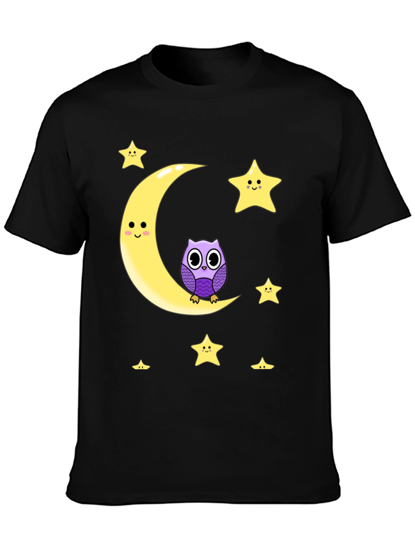 Black Cute Owl on Moon Graphic T-Shirt - Black Cotton Blend view 3
