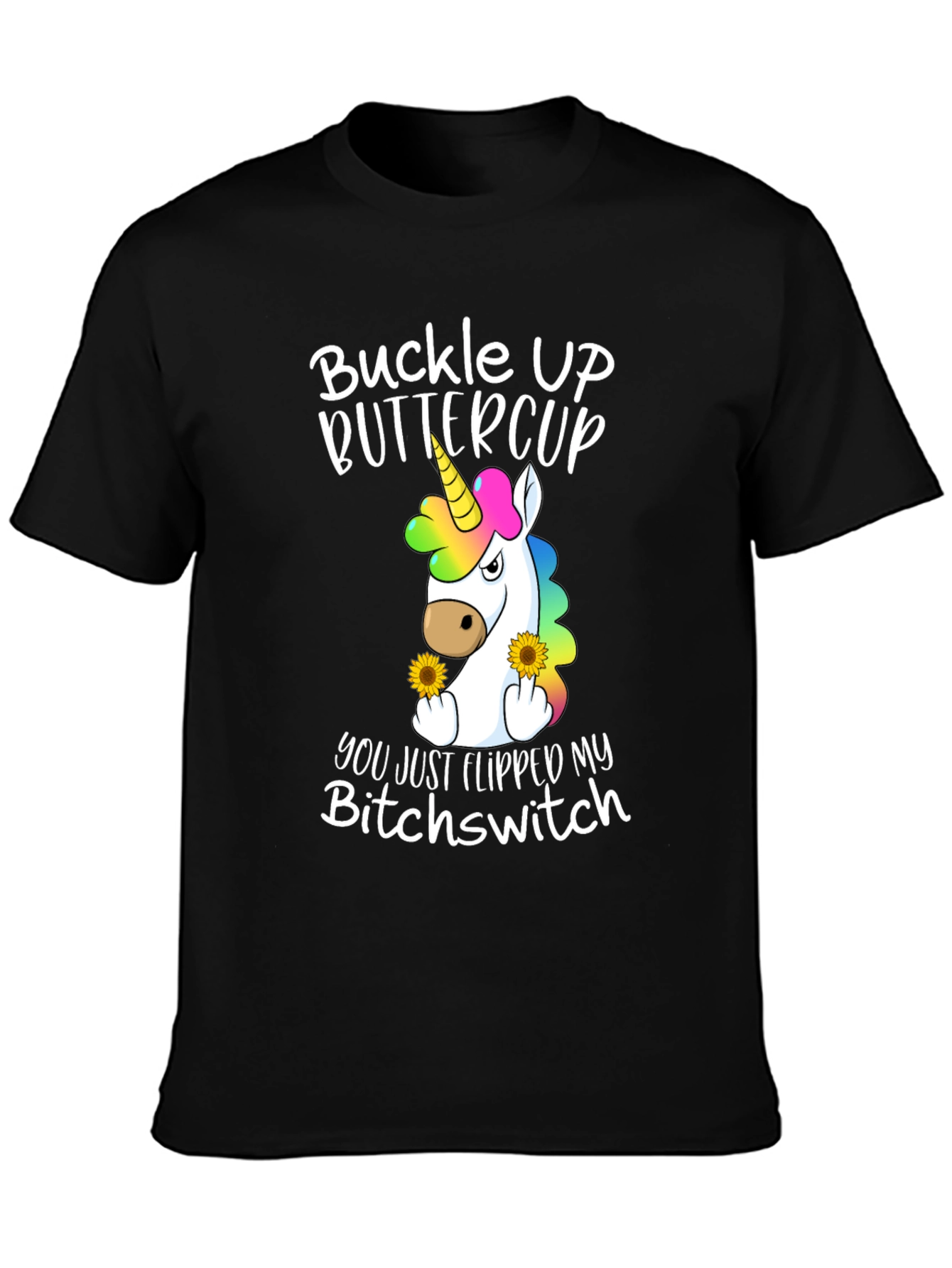 Black Buckle Up Buttercup T-Shirt - Unicorn Flipping You Off view 3