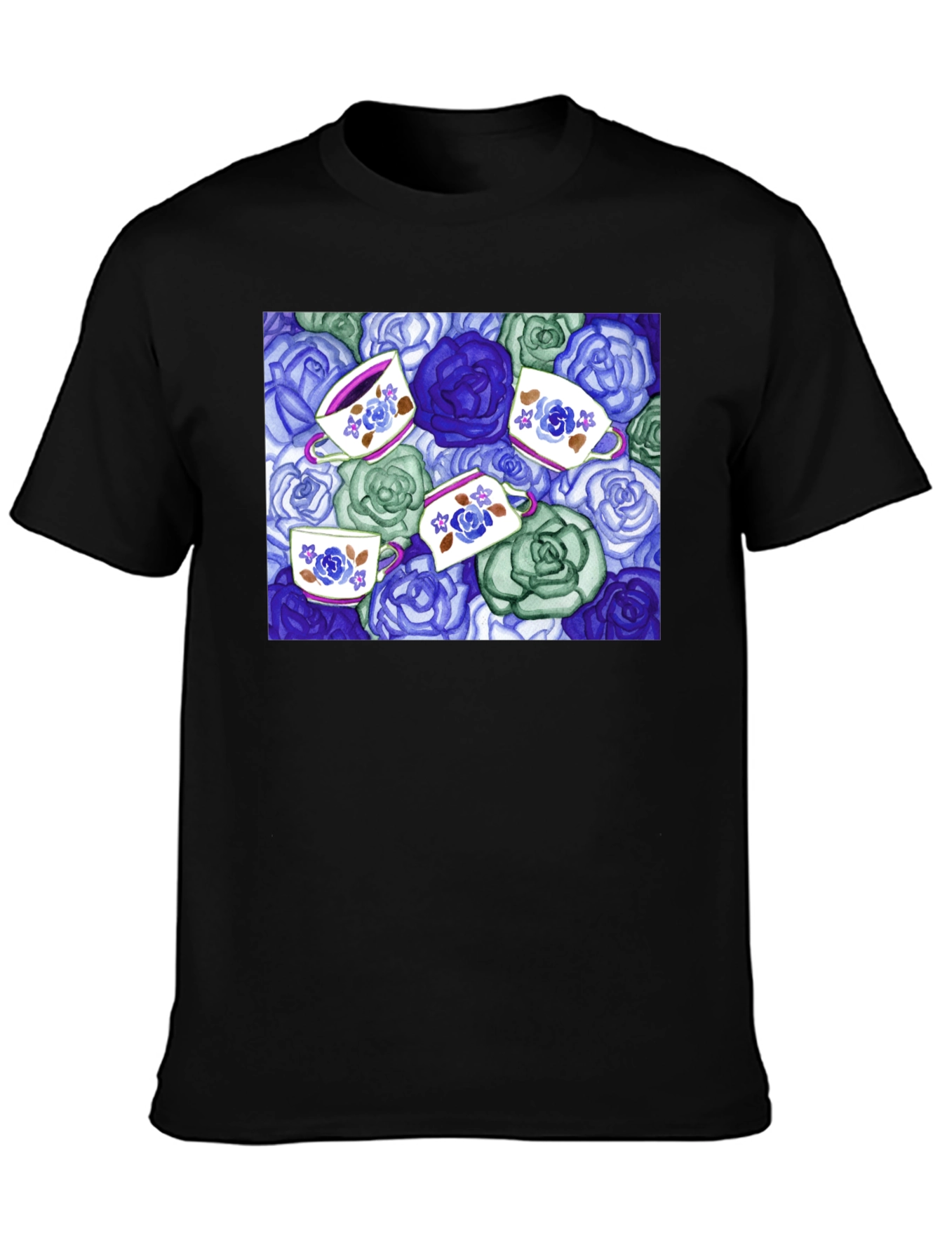Black Floral Tea Cup T-Shirt - Unique Design view 3