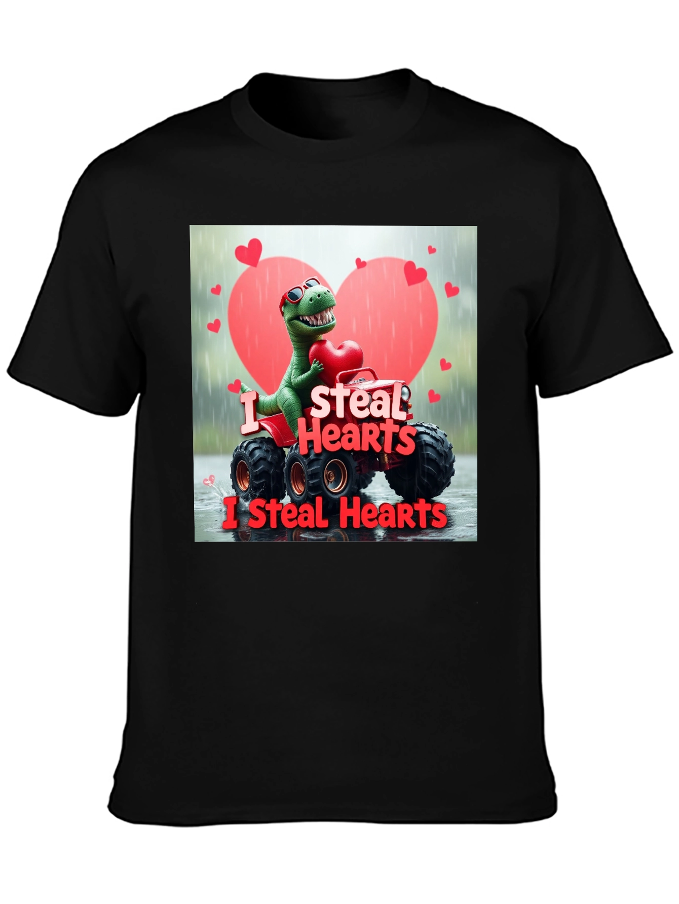 Black I Steal Hearts Dinosaur Monster Truck Valentine's Day T-Shirt view 3