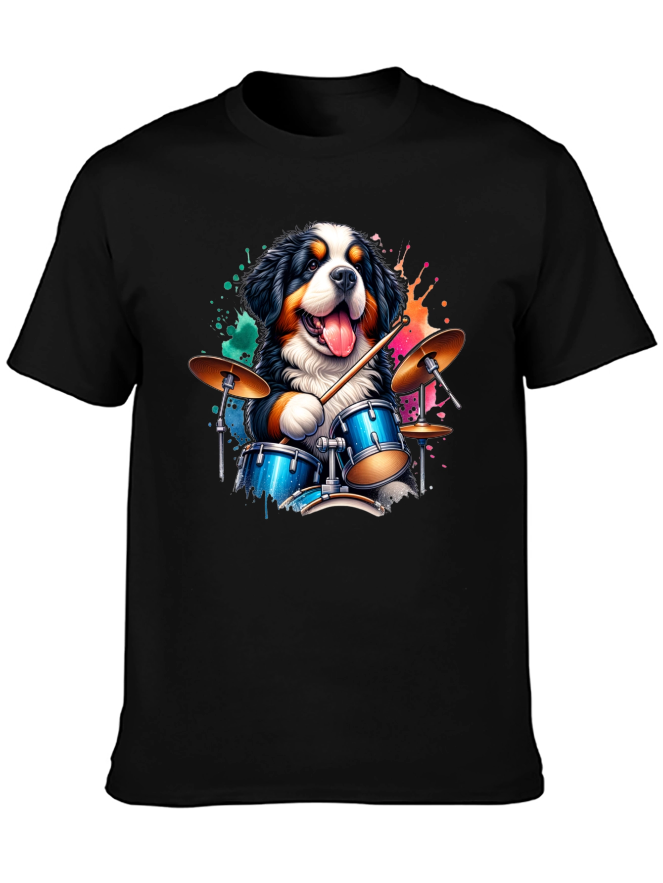 Black Drummer Dog Graphic Tee - Black Cotton T-Shirt view 3