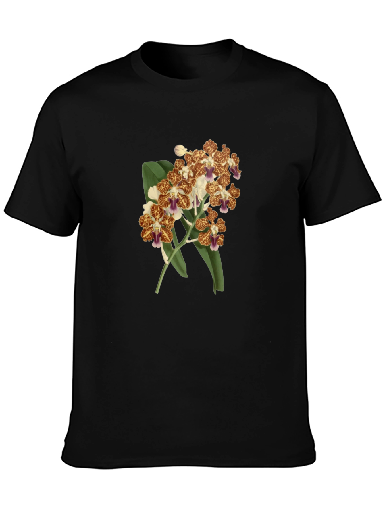 Black Floral Orchid Print Black T-Shirt view 3