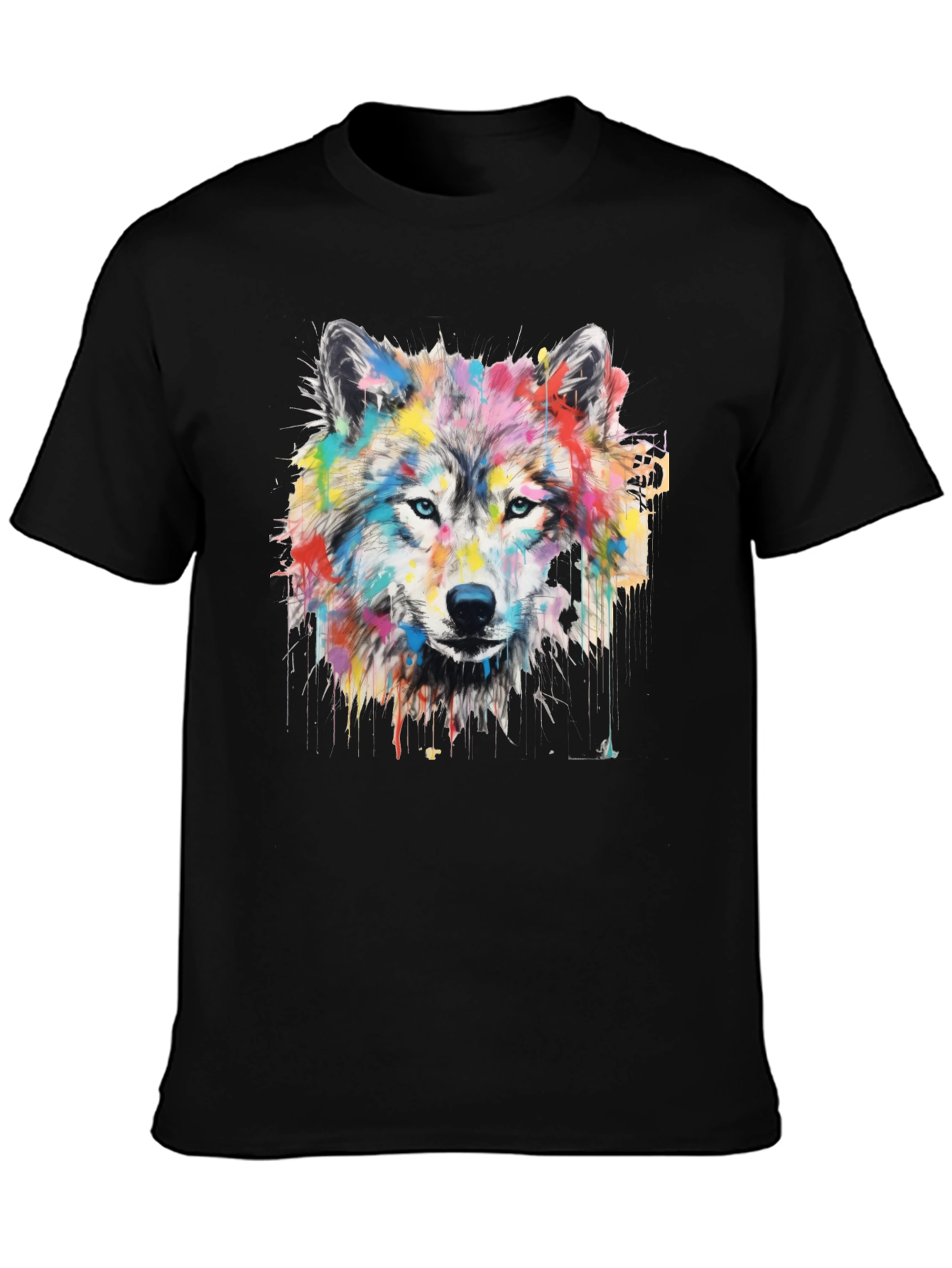 Black Colorful Wolf Graphic Print Men's Black T-Shirt view 3