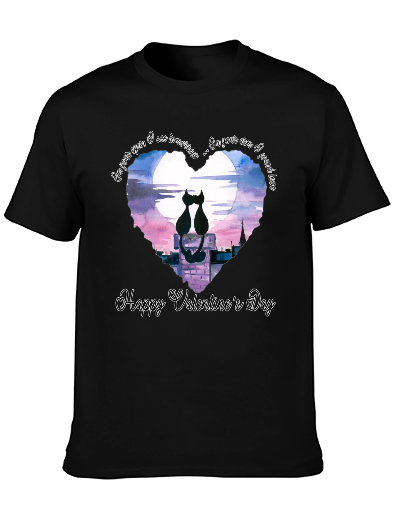 Black Valentine's Cat Lovers Black T-Shirt view 3