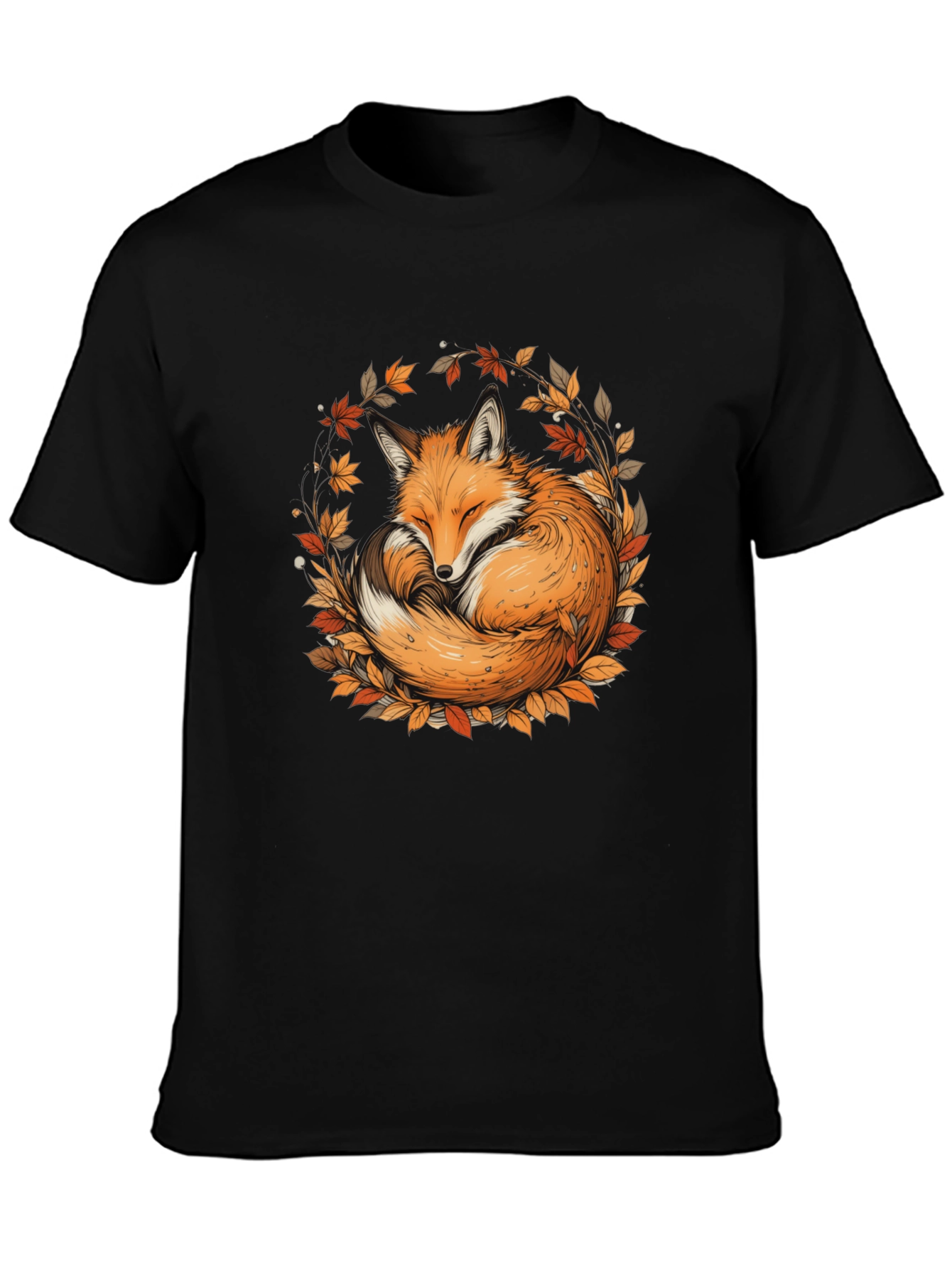 Black Fox & Foliage Black T-Shirt - Autumnal Design view 3