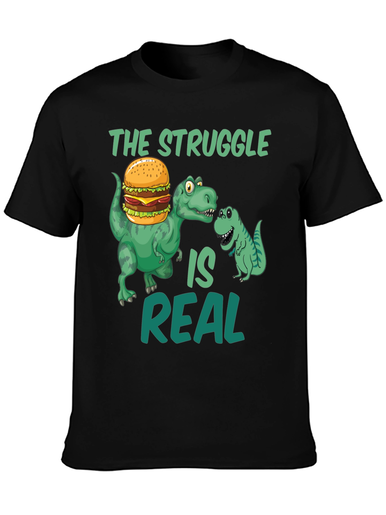 Black Dinosaur Burger T-Shirt - The Struggle Is Real Funny Tee view 3