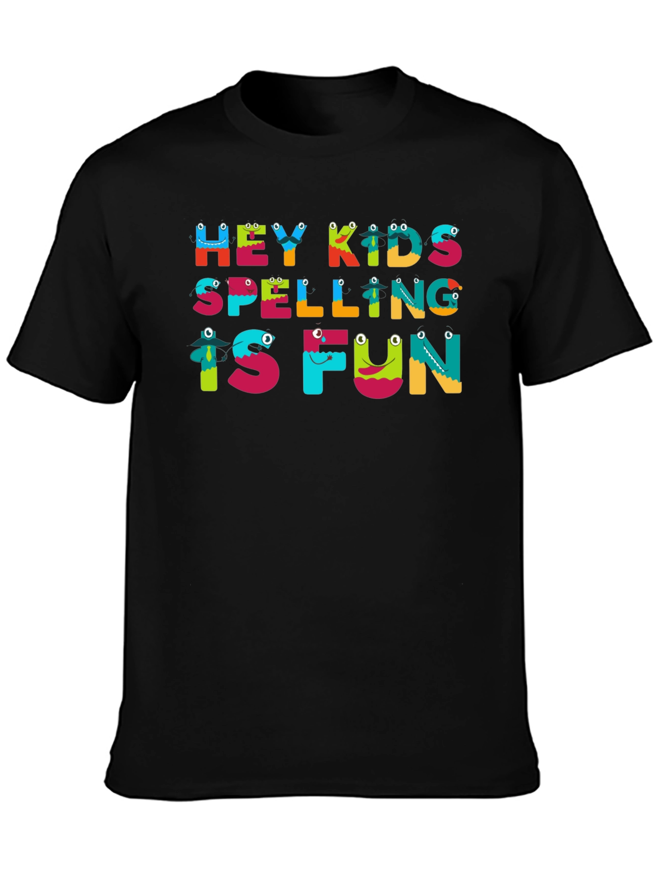 Black Hey Kids Spelling is Fun Black T-Shirt view 3
