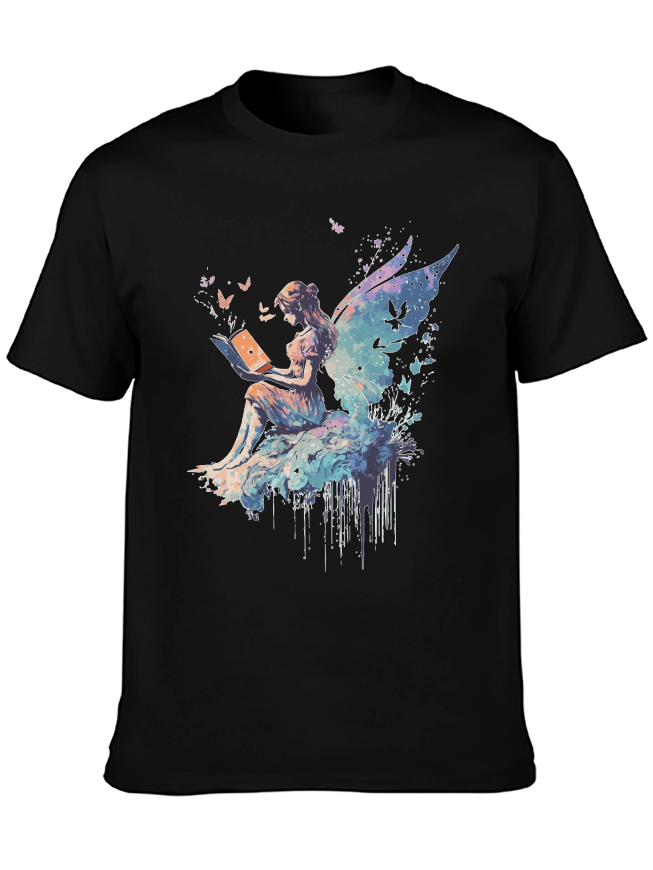 Black Whimsical Fairy Reading Book Graphic T-Shirt view 3