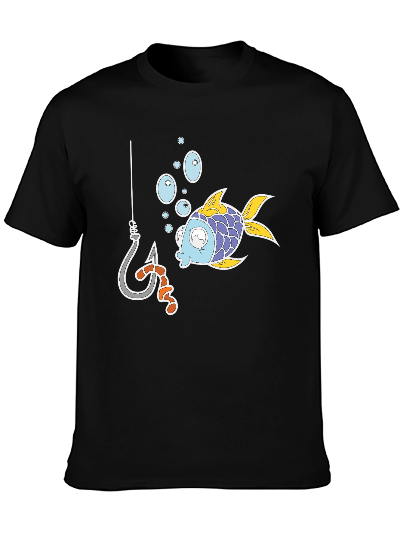 Black Funny Fish Hook Cartoon Graphic Tee view 3