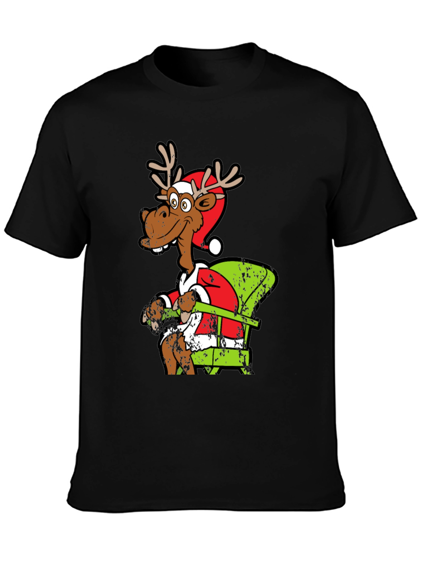 Black Funny Reindeer Santa T-Shirt view 3