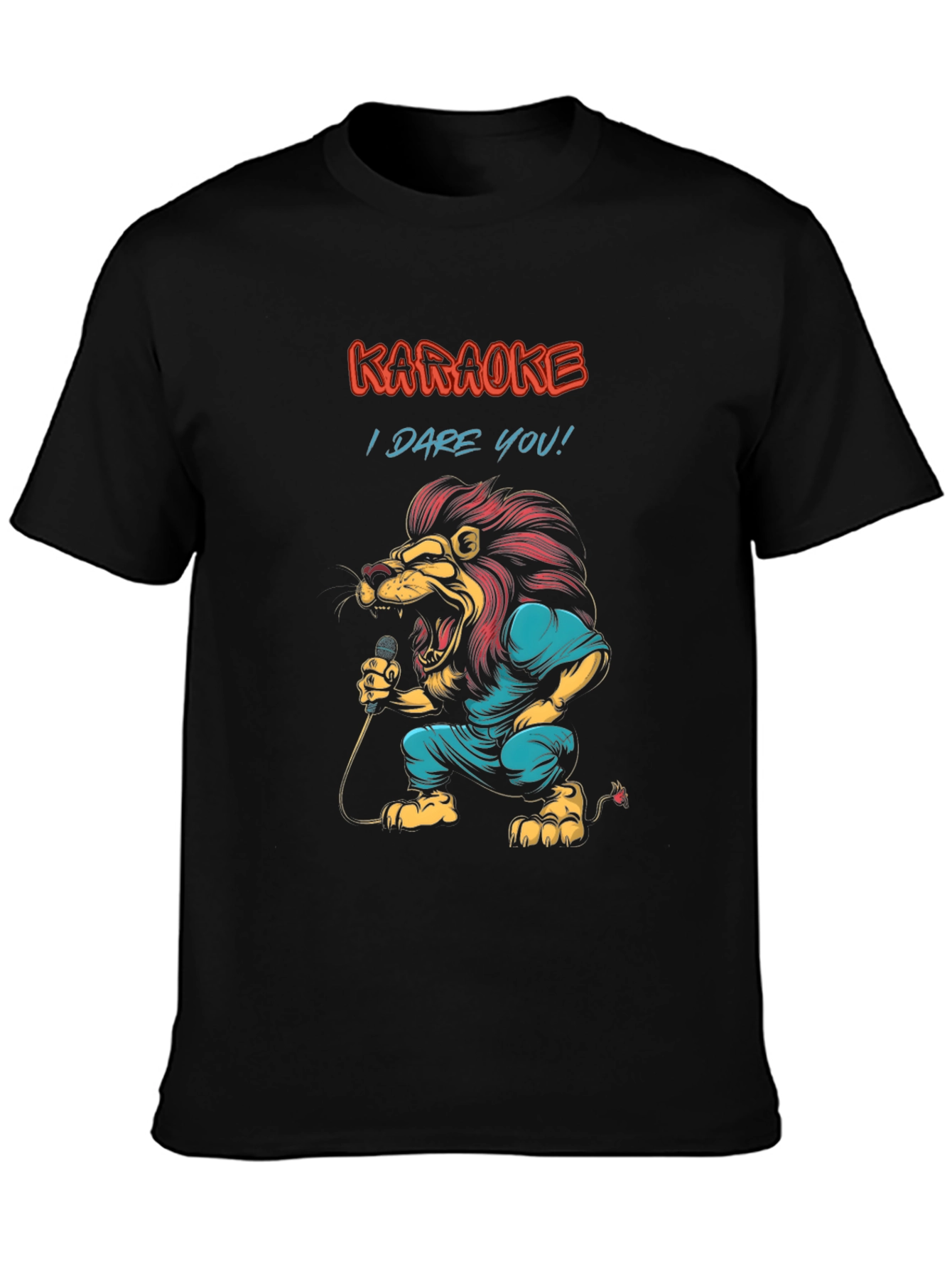 Black Karaoke Lion Graphic Tee - "I Dare You!" Black T-Shirt view 3