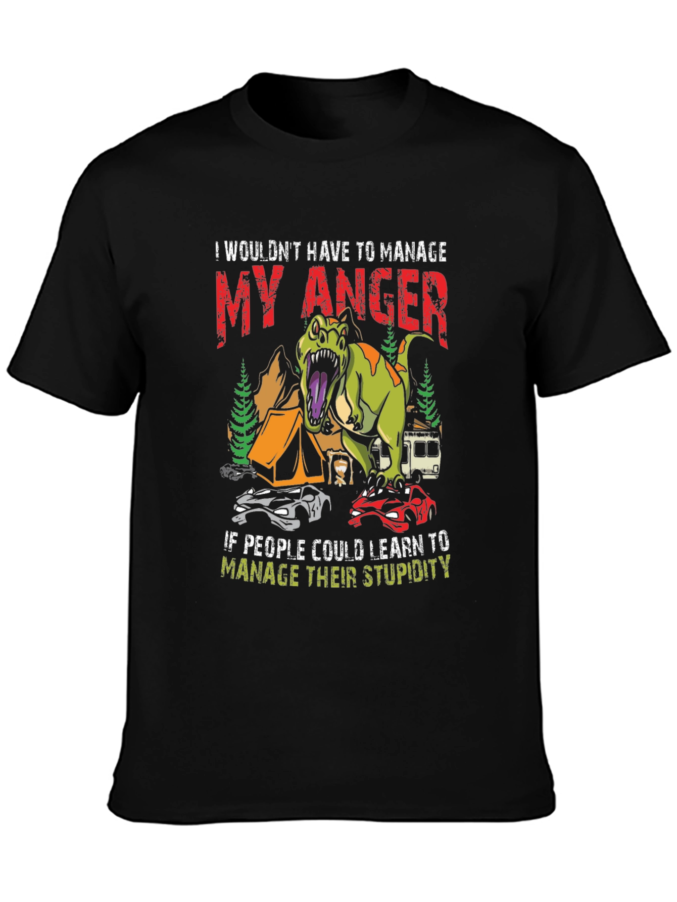 Black Manage Anger Dinosaur T-Shirt - Funny Camping Tee view 3