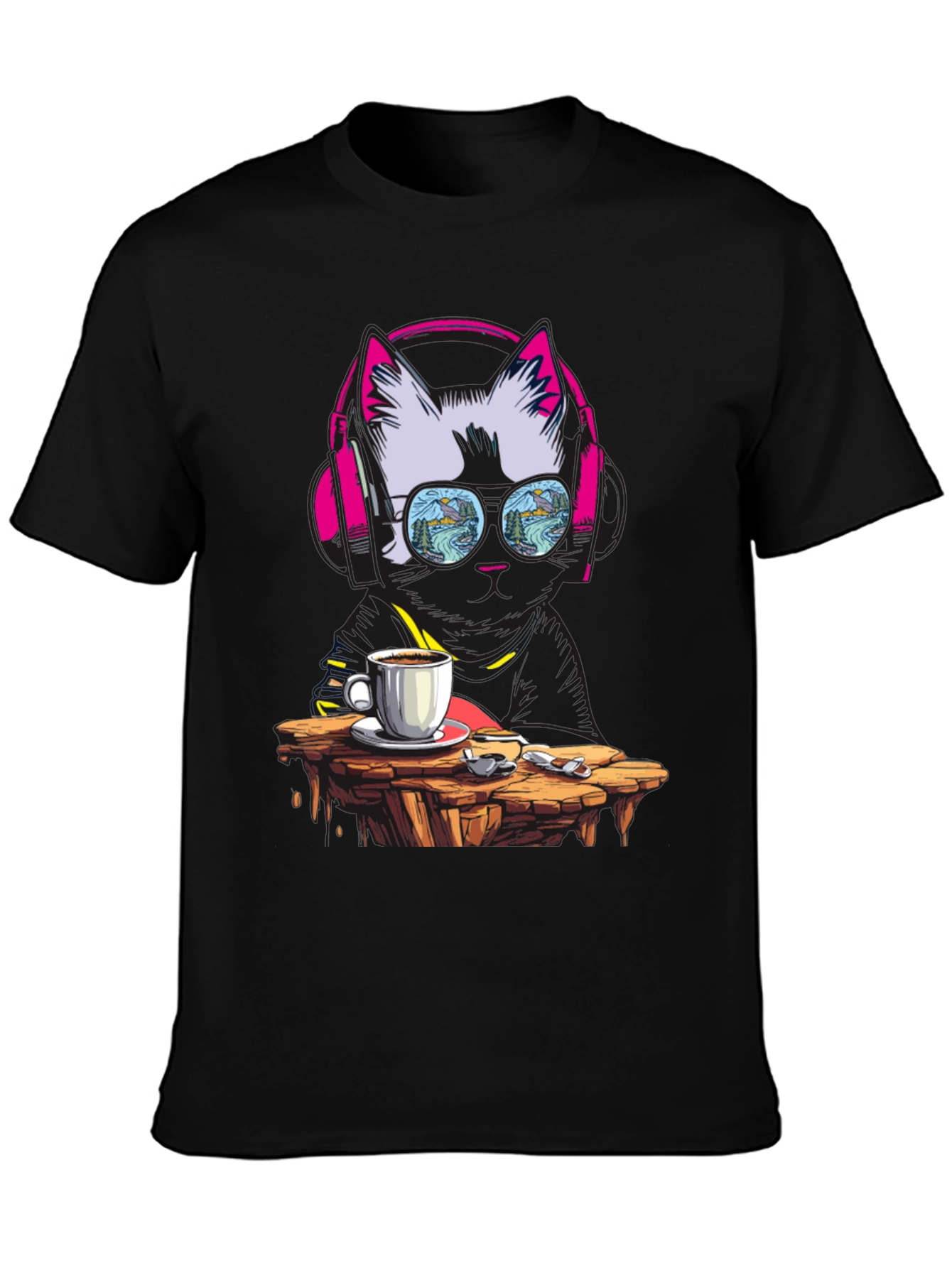 Black Cool Cat Coffee T-Shirt - DJ Kitty Tee view 3