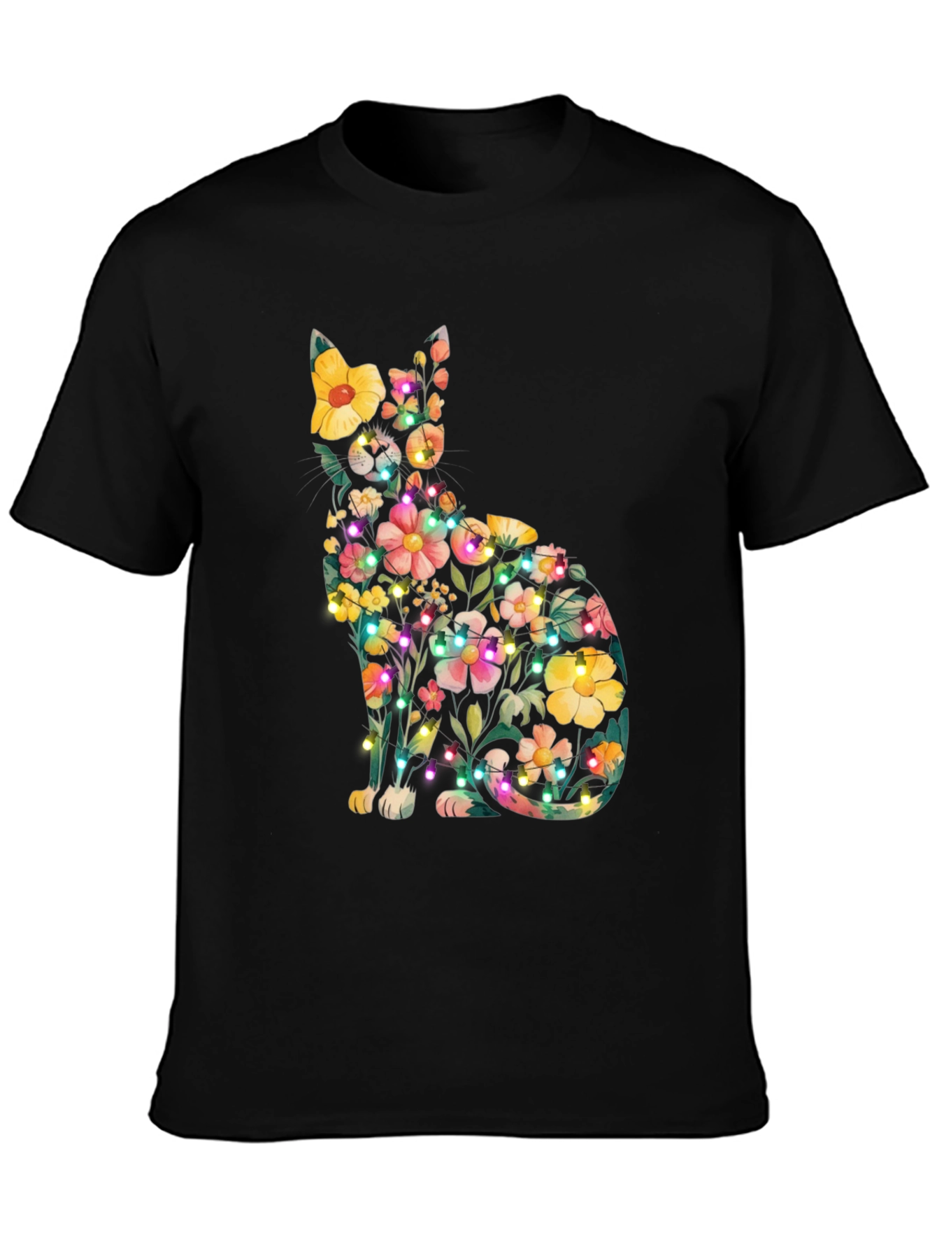 Black Floral Cat Tee - Whimsical & Unique Design view 3