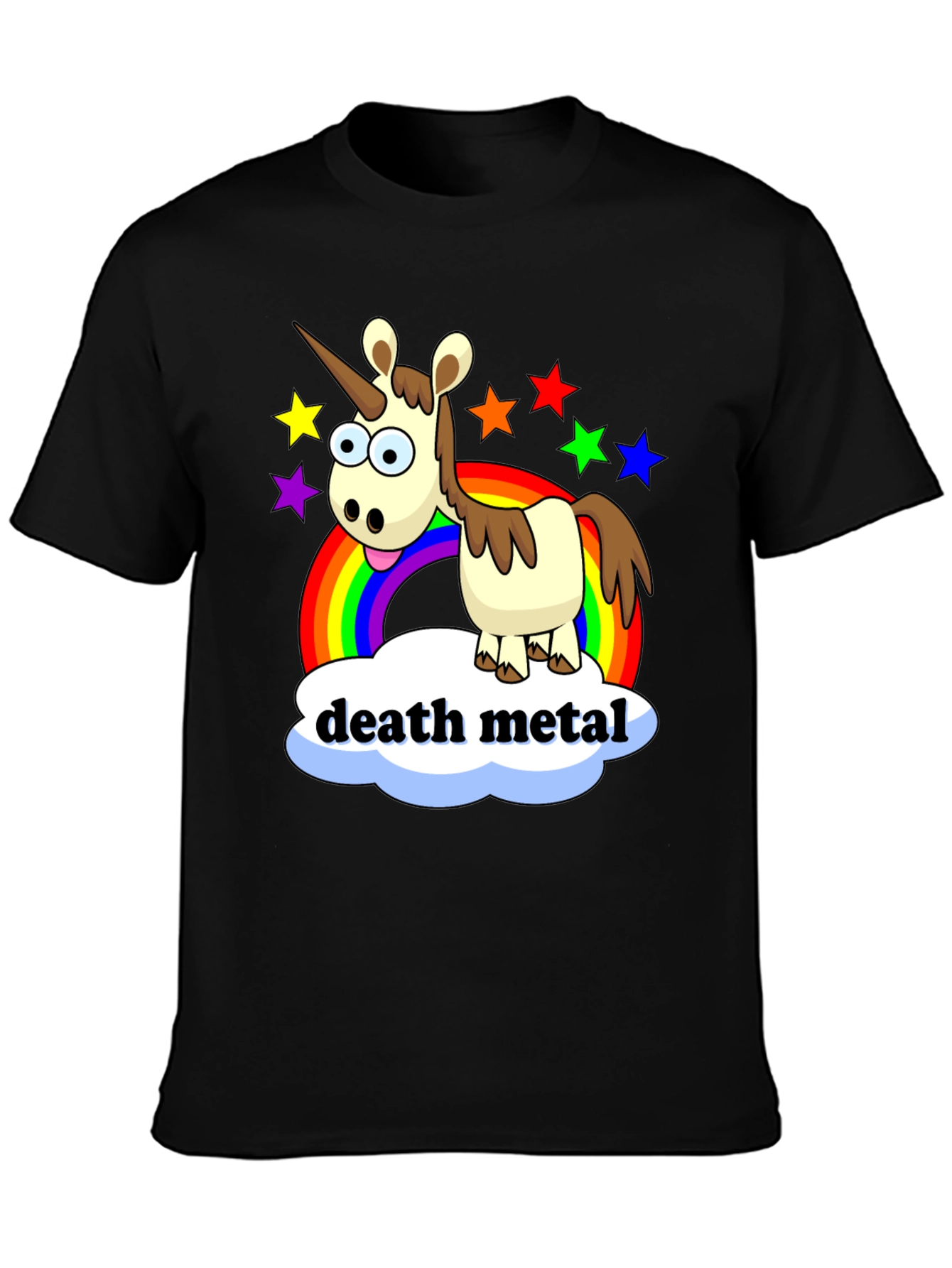 Black Death Metal Unicorn T-Shirt - Rainbow Star Design view 3