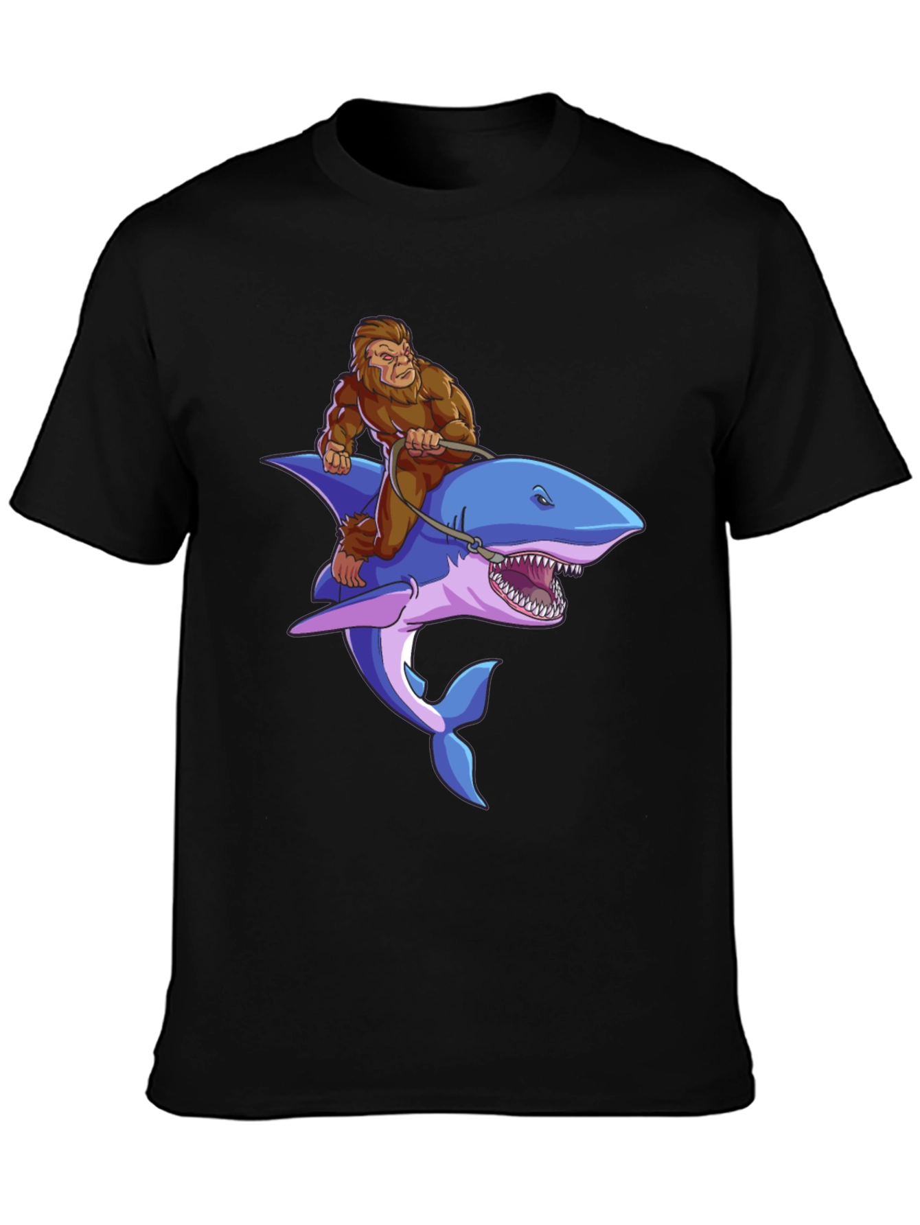 Black Bigfoot Riding Shark Graphic Tee - Black view 3