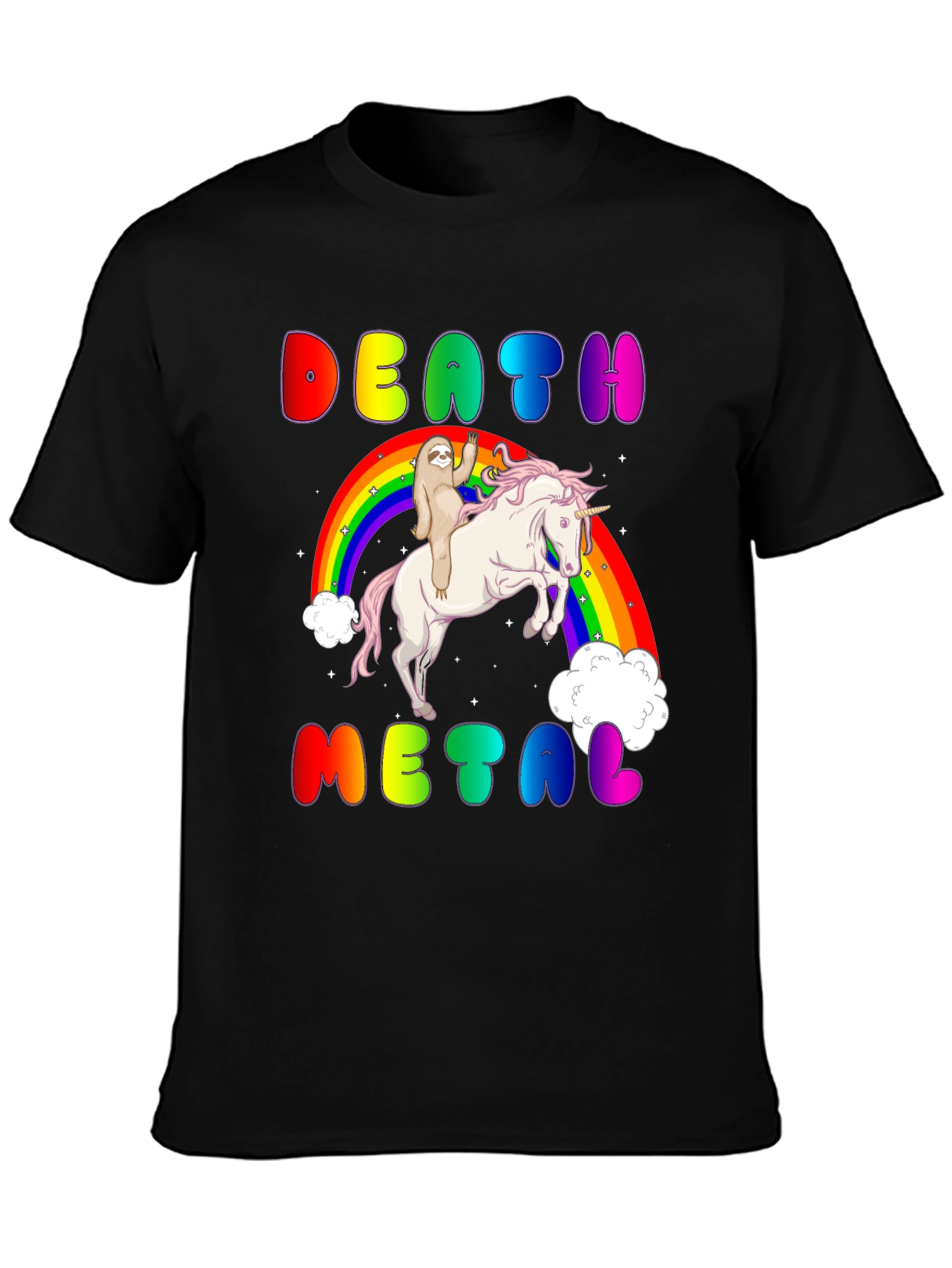 Black Death Metal Sloth Riding Unicorn T-Shirt view 3