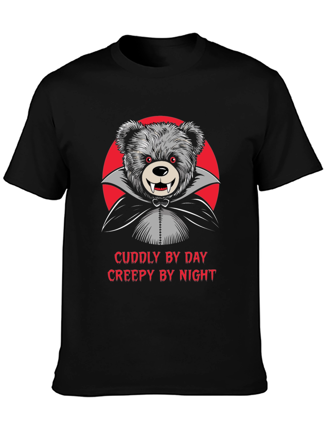 Black Cuddly by Day, Creepy by Night Vampire Teddy Bear T-Shirt view 3