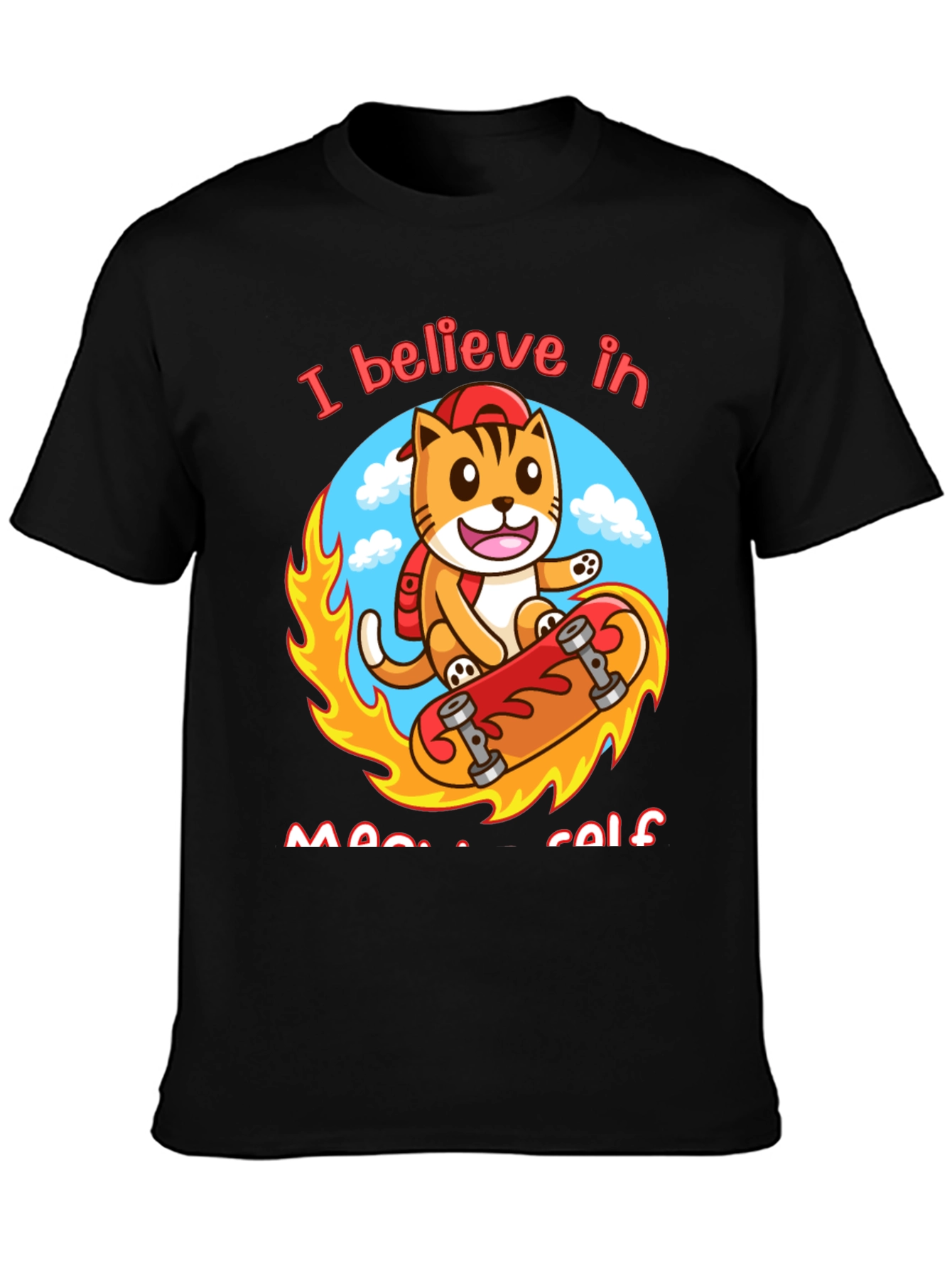 Black Believe in Meowself T-Shirt - Cute Cat Skateboard Design view 3