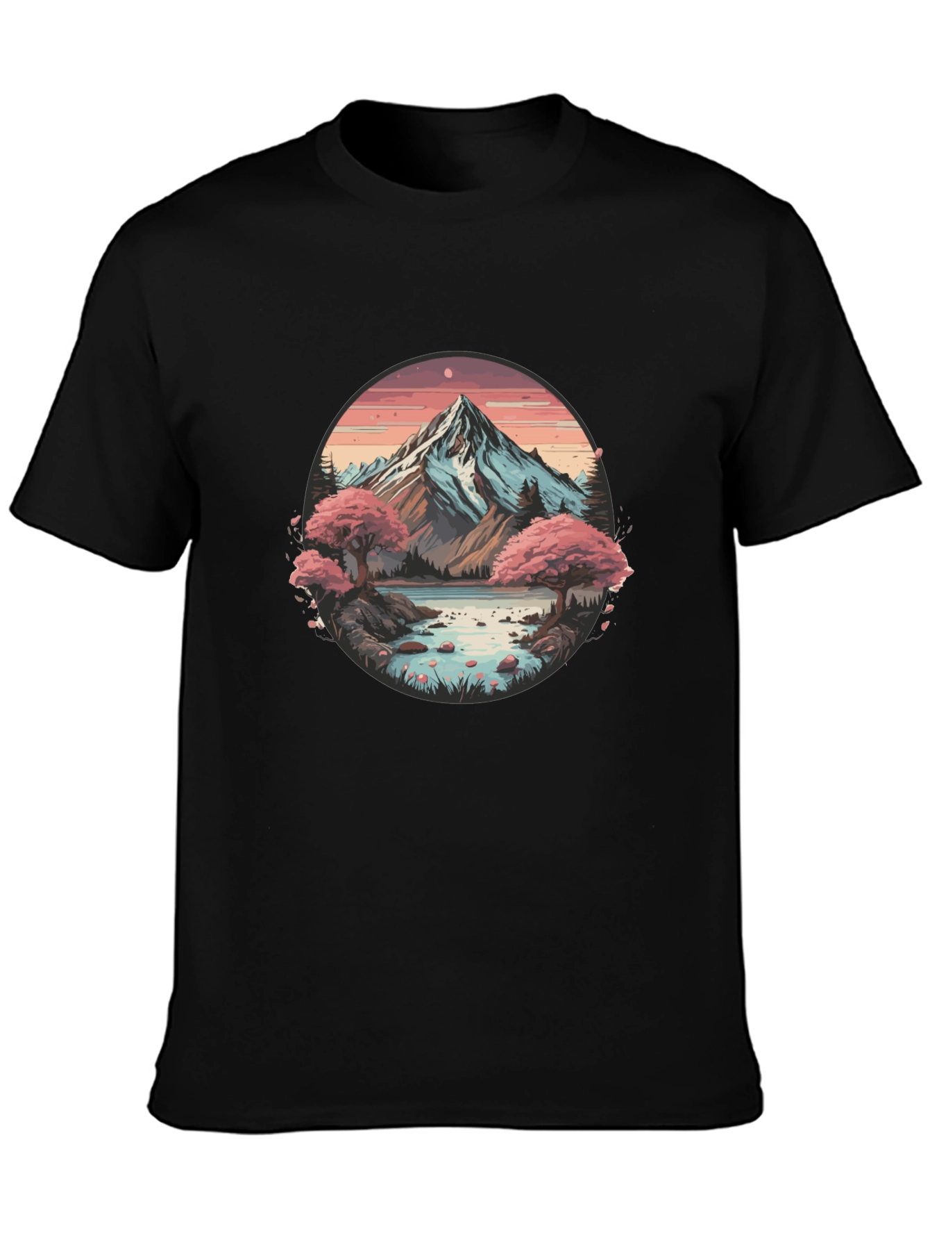 Black Mountain Lake Scene Graphic Tee - Black Casual Shirt view 3