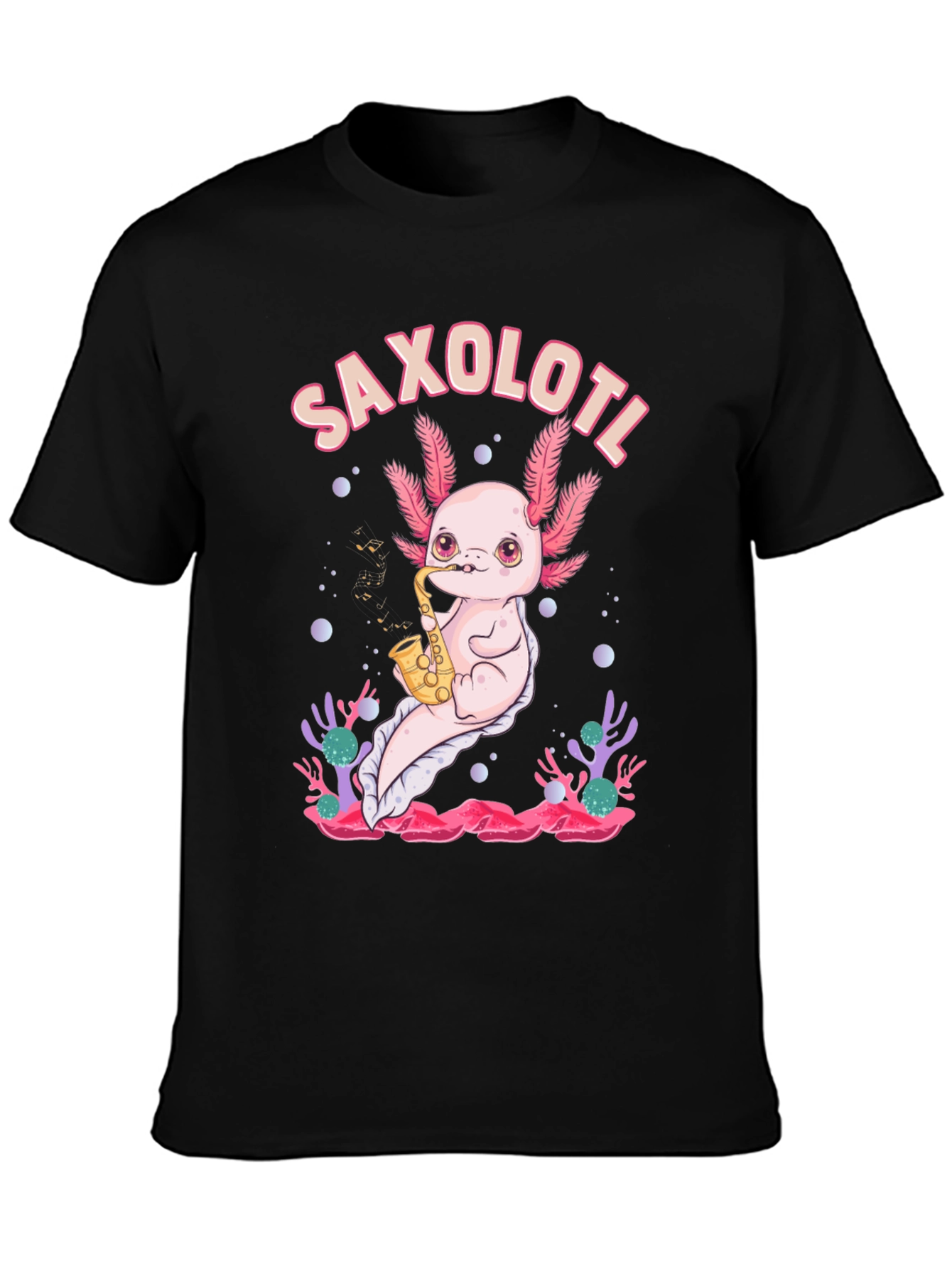 Black Saxolotl T-Shirt - Axolotl Saxophone Musician Tee view 3