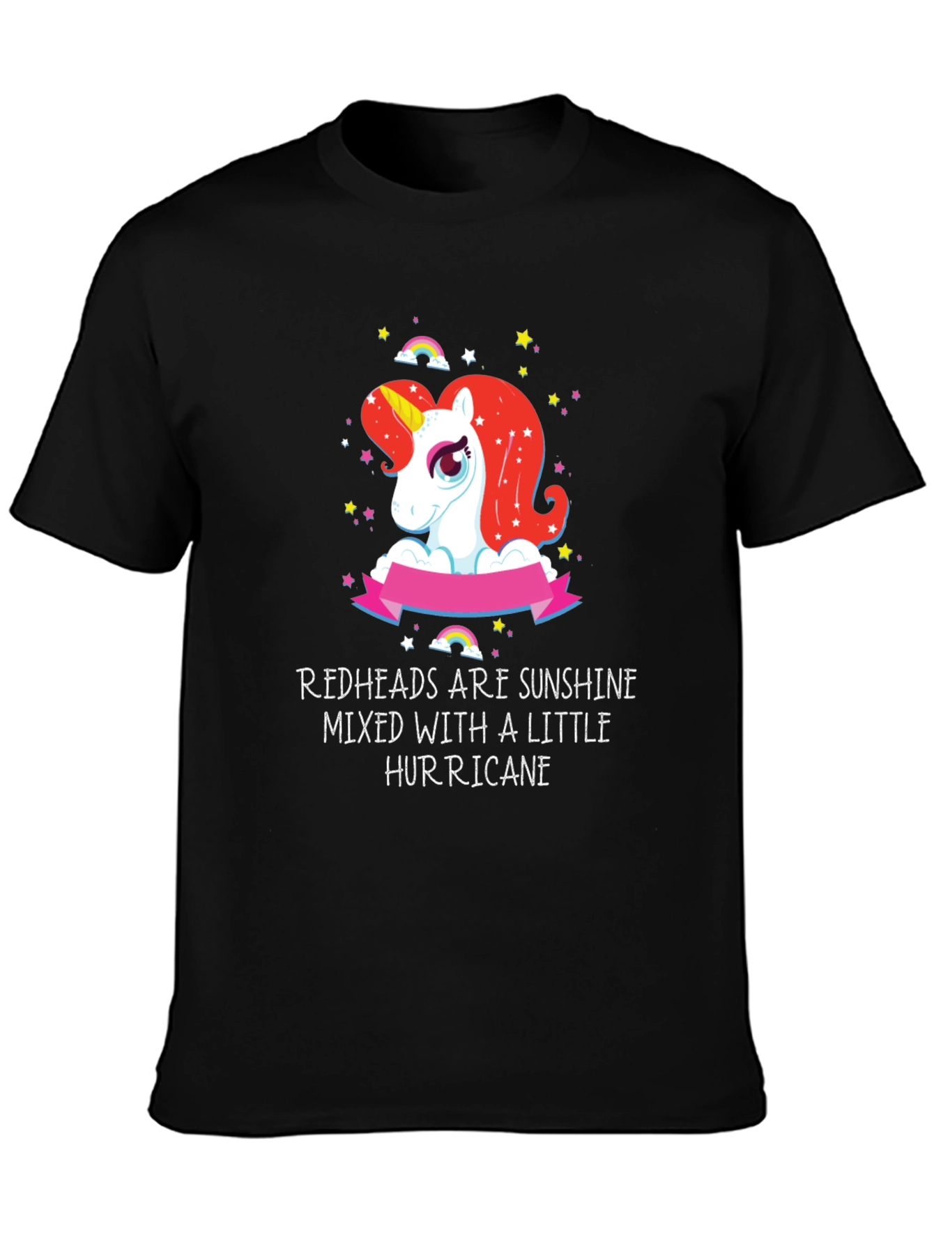 Black Redhead Sunshine Hurricane Unicorn Black T-Shirt view 3