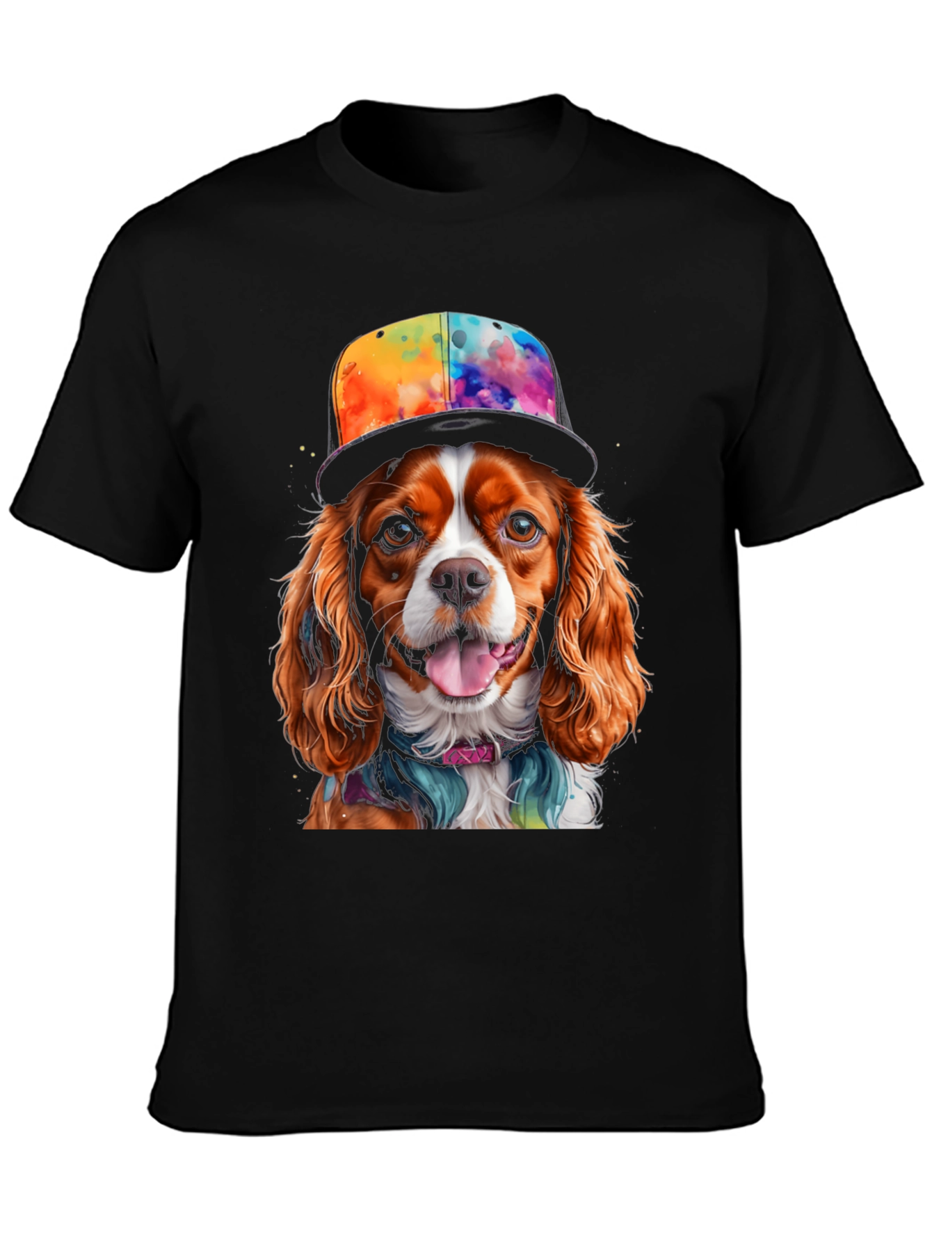 Black Cool Dog T-Shirt: Cavalier in Colorful Hat view 3