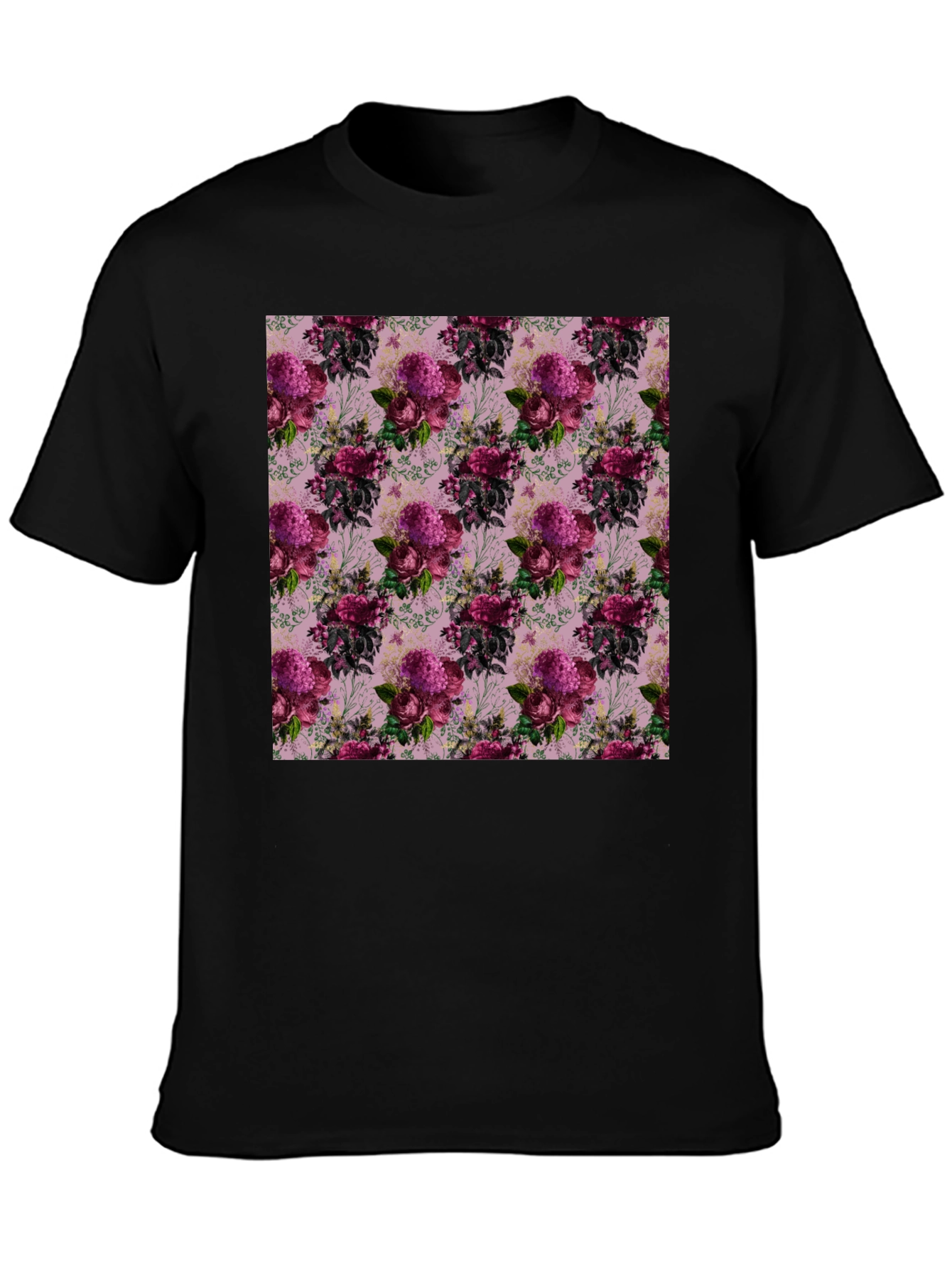 Black Floral Pattern Black T-Shirt view 3
