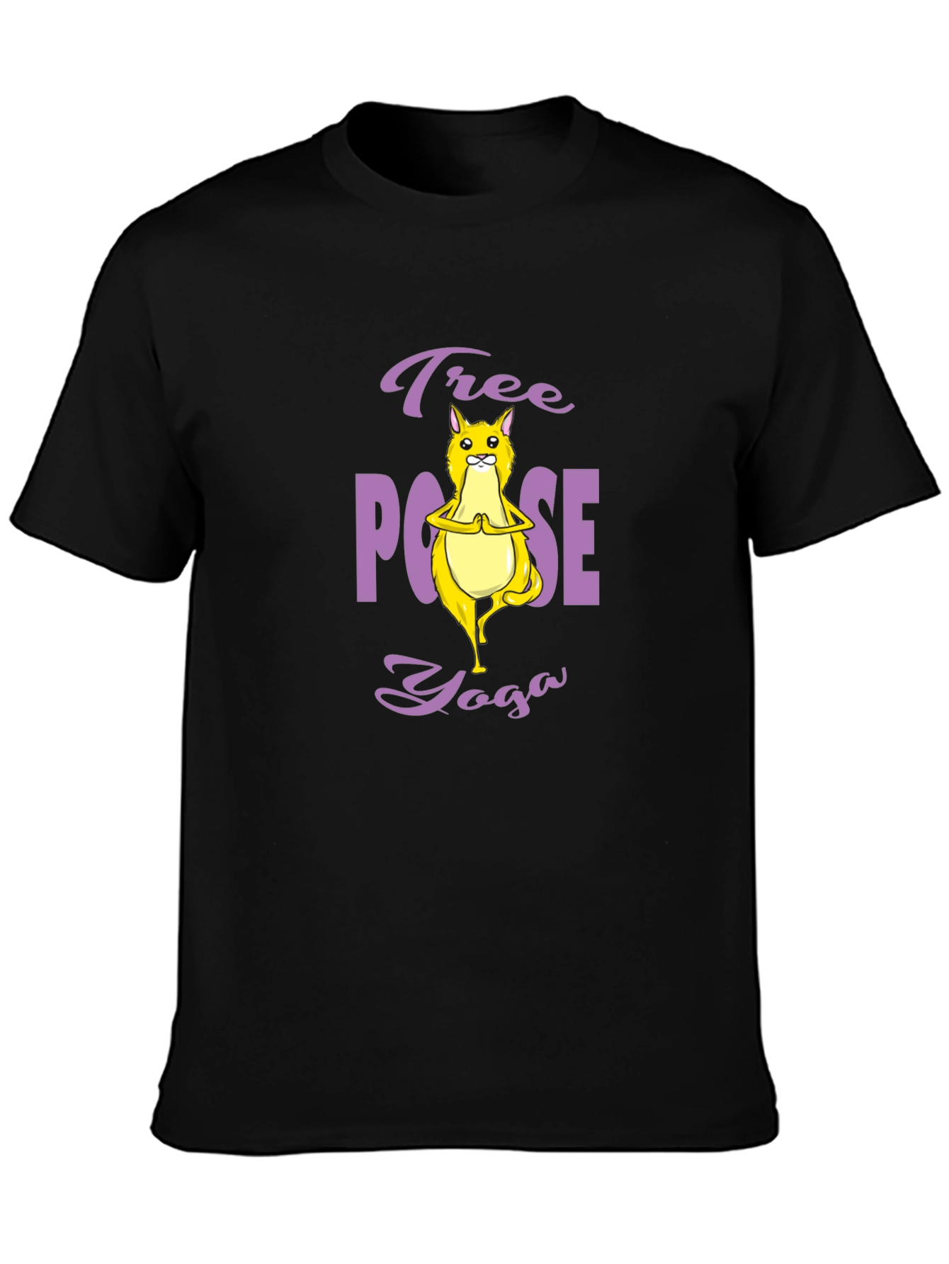 Black Tree Pose Yoga Cat Graphic Tee - Black Cotton T-Shirt view 3