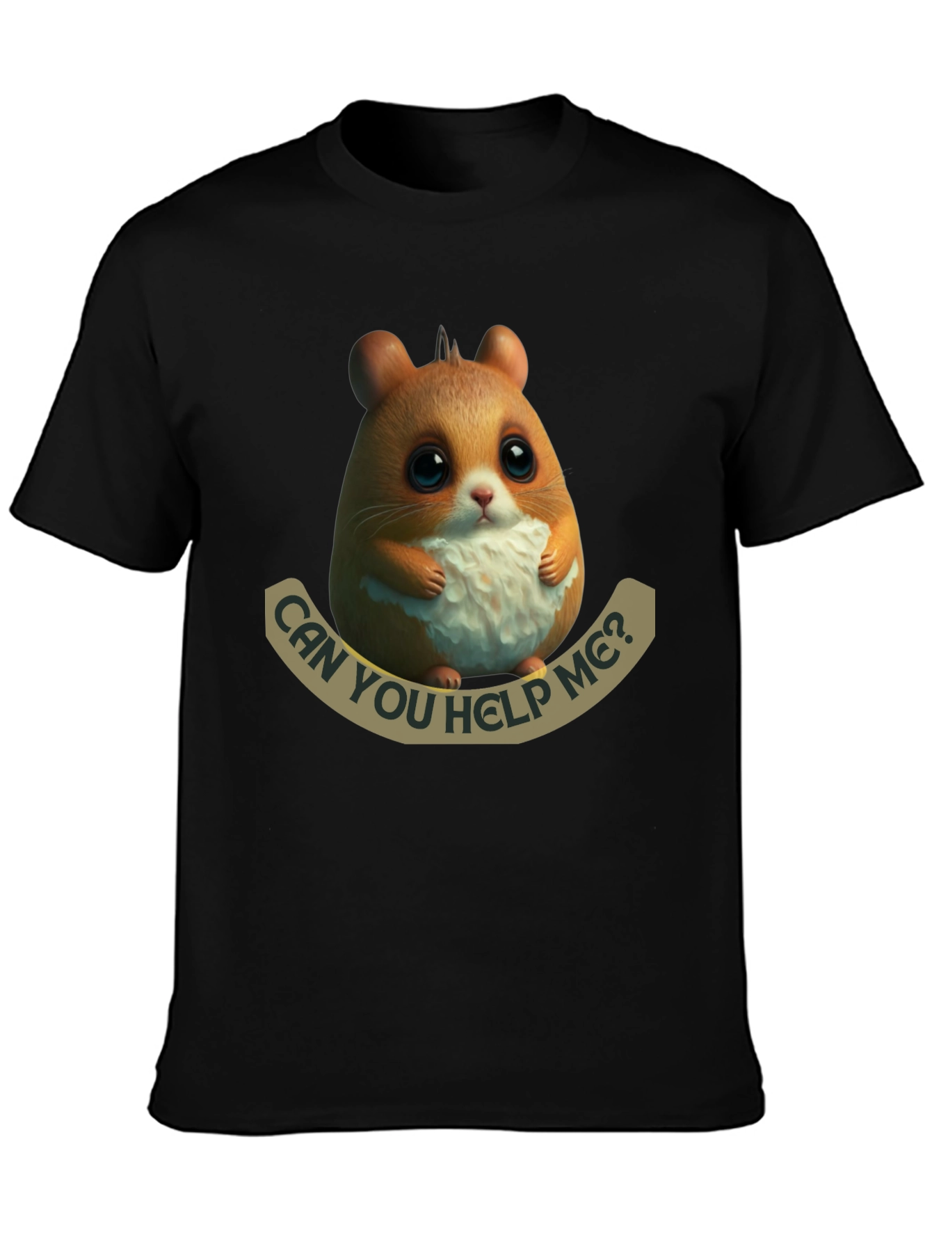 Black Cute Hamster 'Can You Help Me?' Graphic T-Shirt view 3