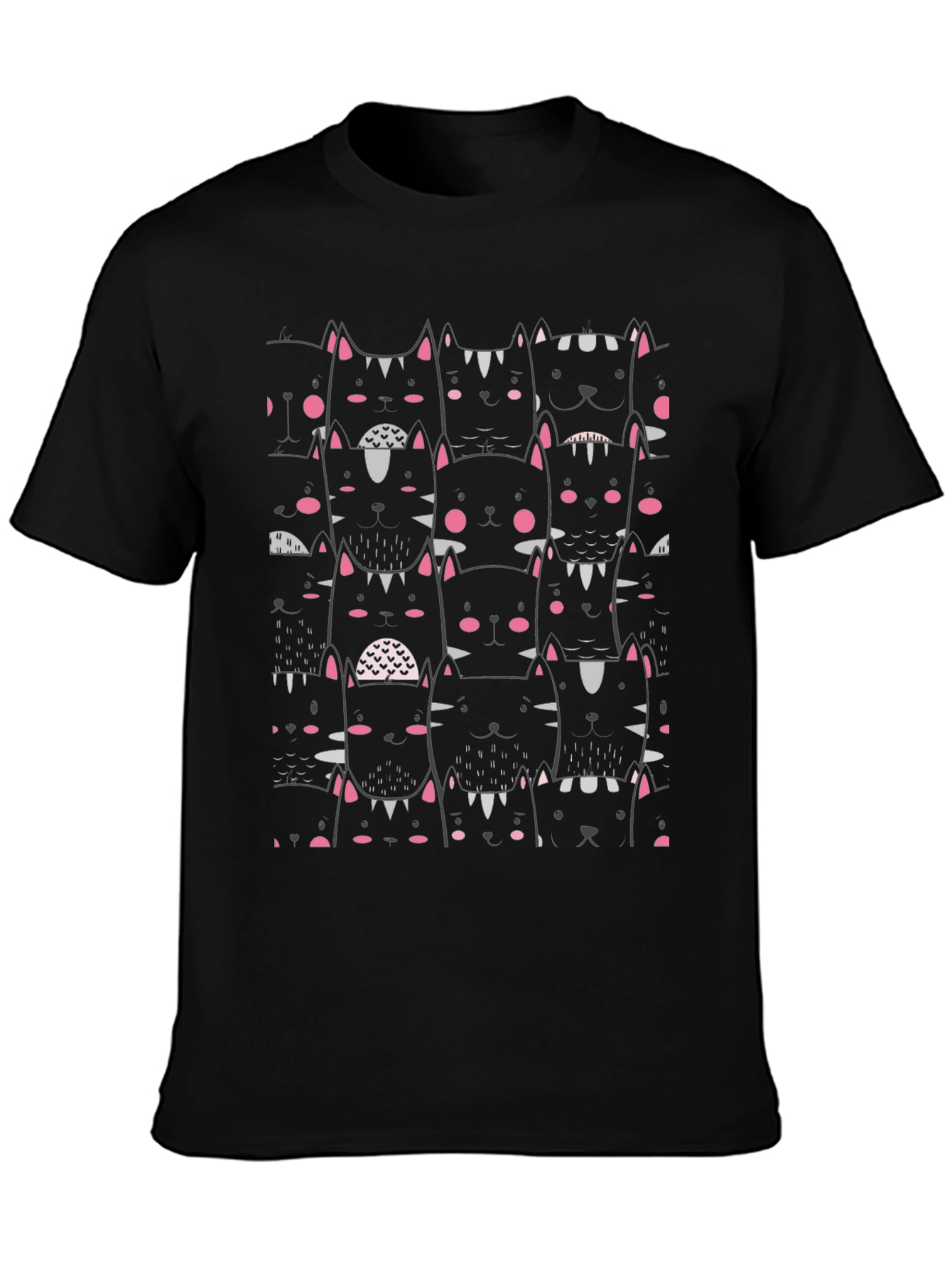 Black Men's Black Cat Pattern Graphic Tee view 3