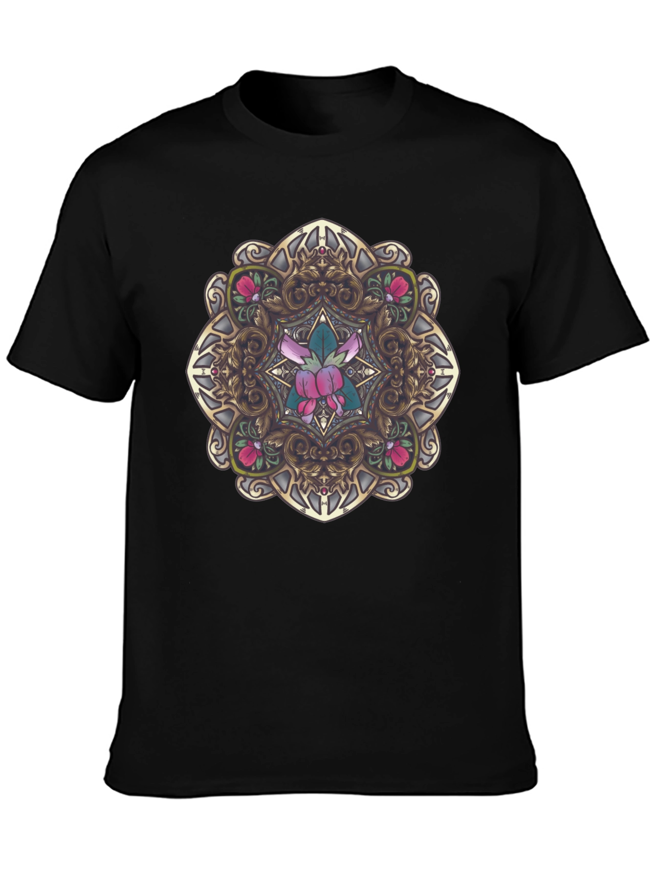 Black Ornate Floral Mandala Graphic Black T-Shirt view 3