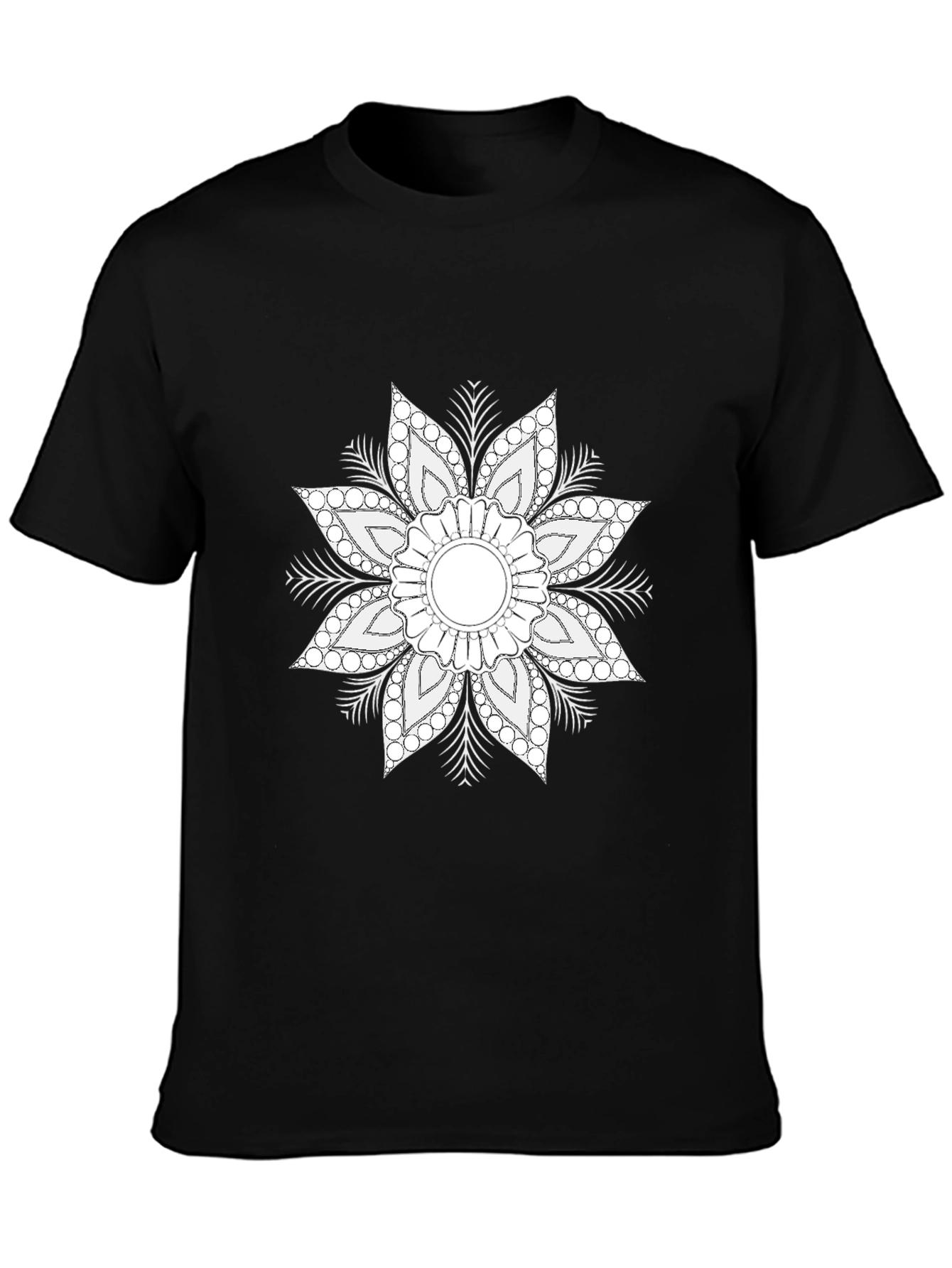 Black Black T-Shirt with White Floral Mandala Design view 3