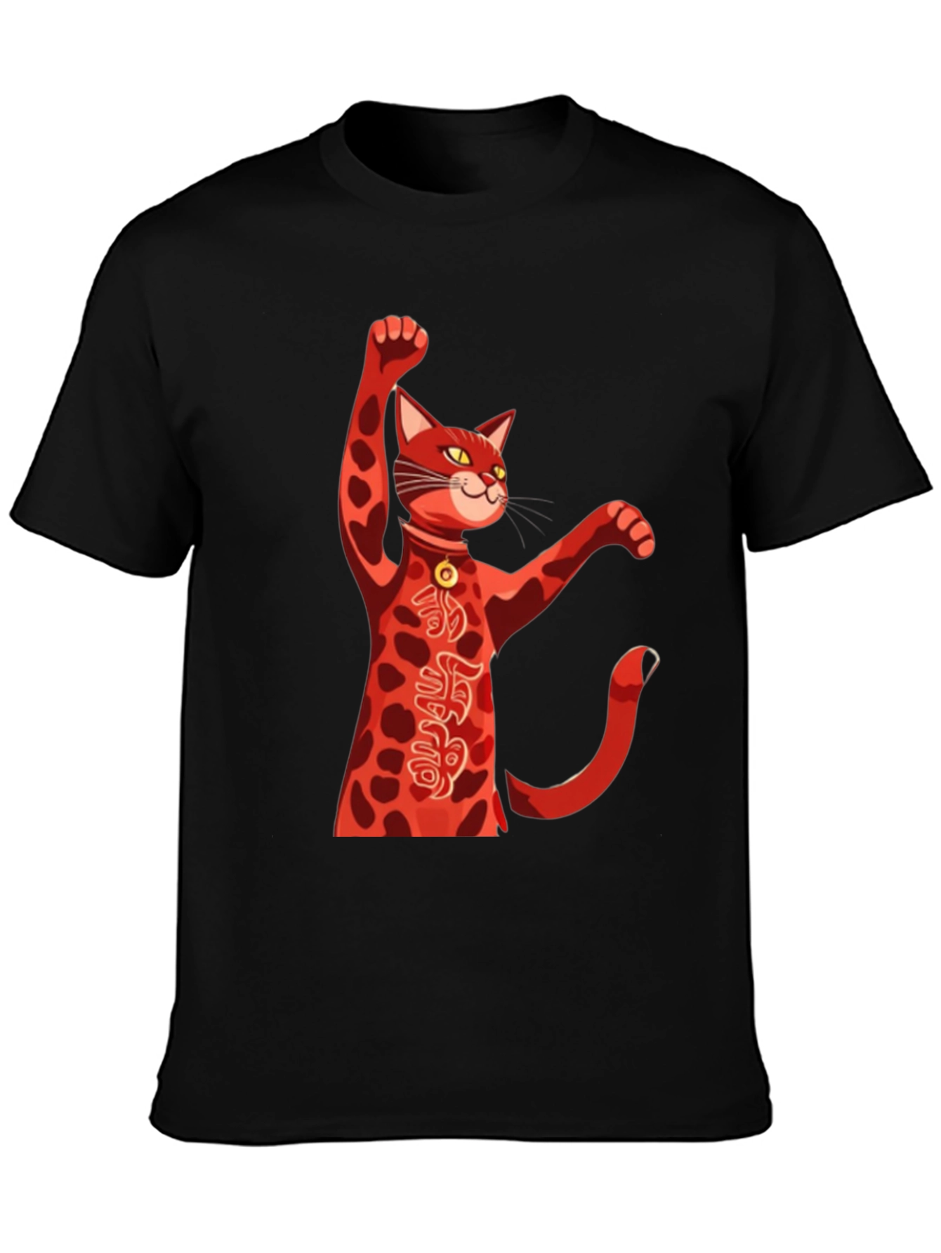 Black Lucky Cat T-Shirt - Red Maneki Neko Graphic Tee view 3
