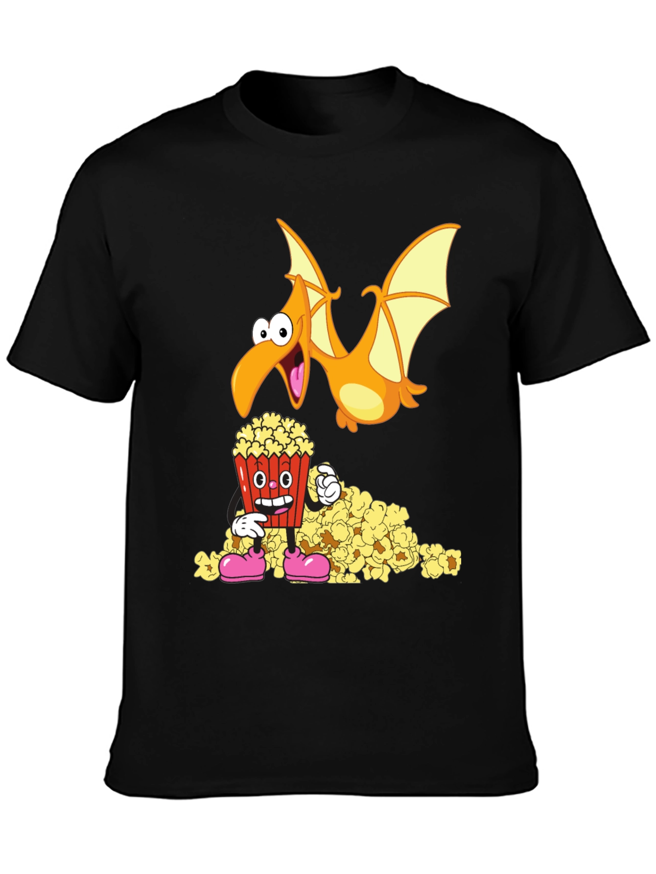 Black Cartoon Pterodactyl & Popcorn Graphic T-Shirt view 3