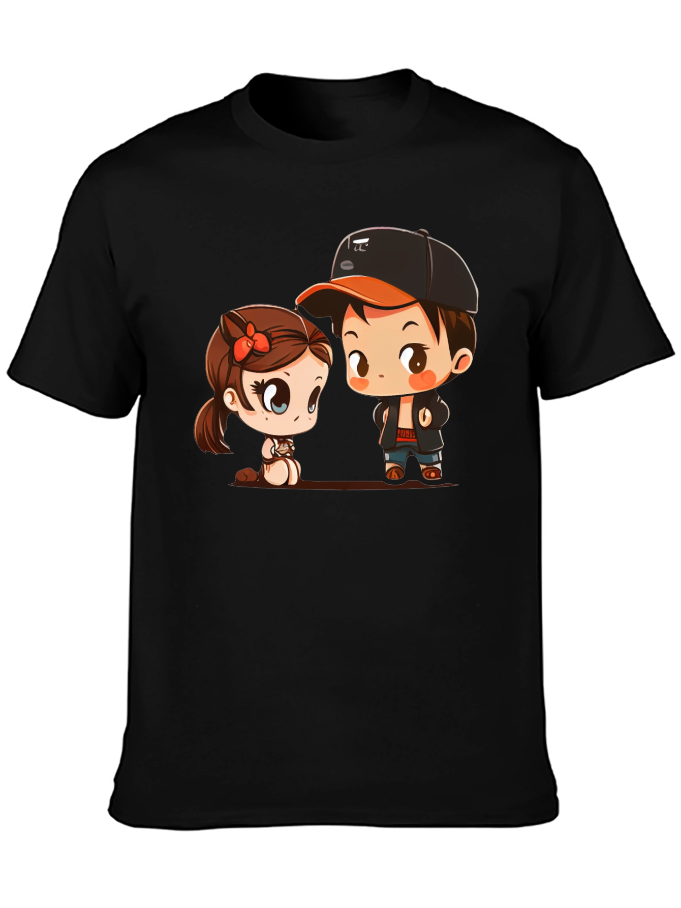 Black Cute Cartoon Couple Black T-Shirt view 3