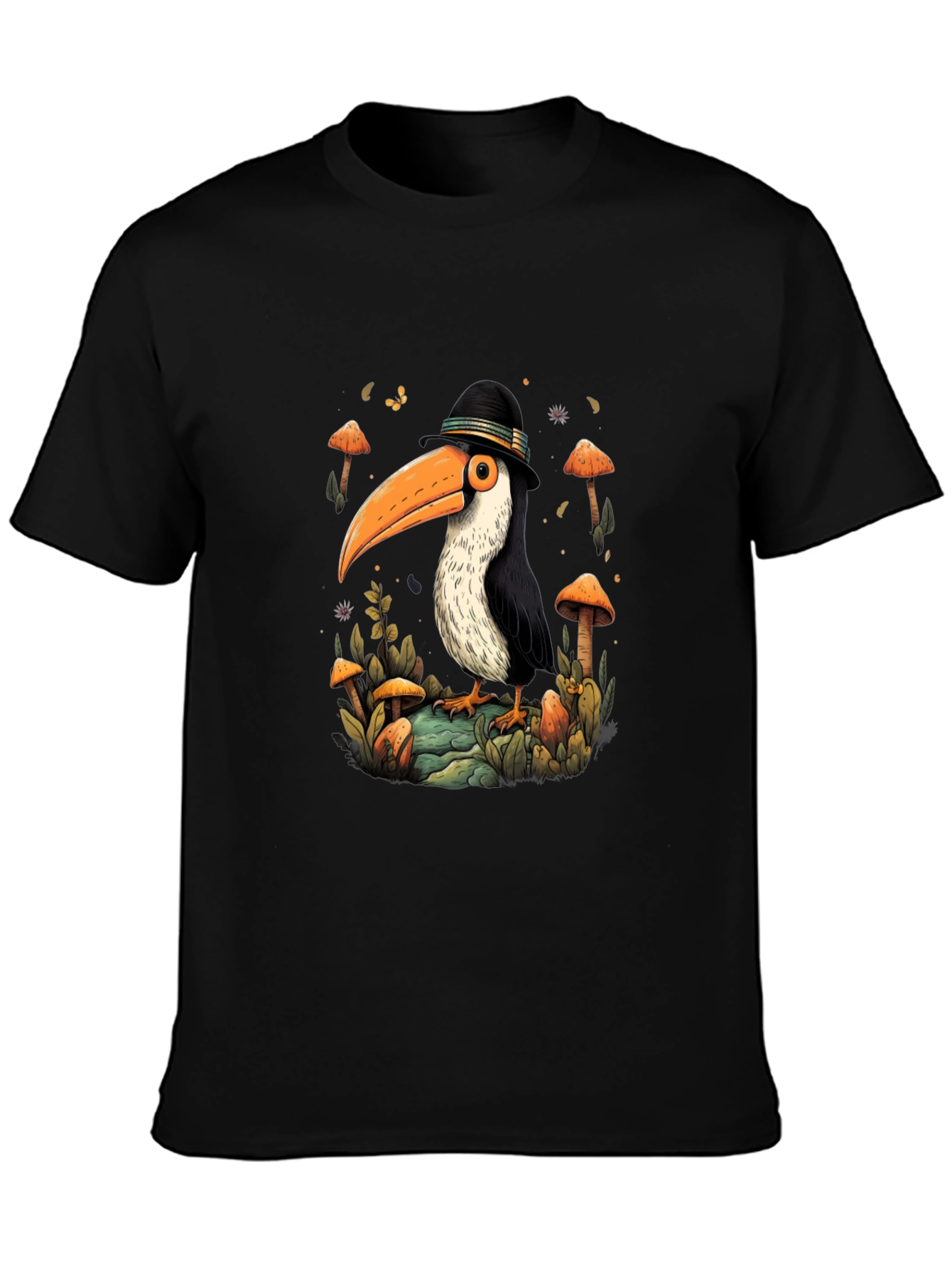 Black Whimsical Toucan T-Shirt - Mushroom Forest Design view 3