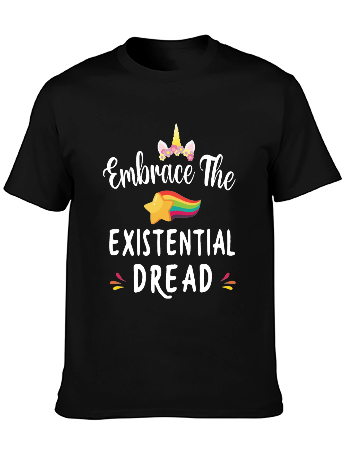 Black Embrace The Existential Dread Funny Unicorn Star T-Shirt view 3
