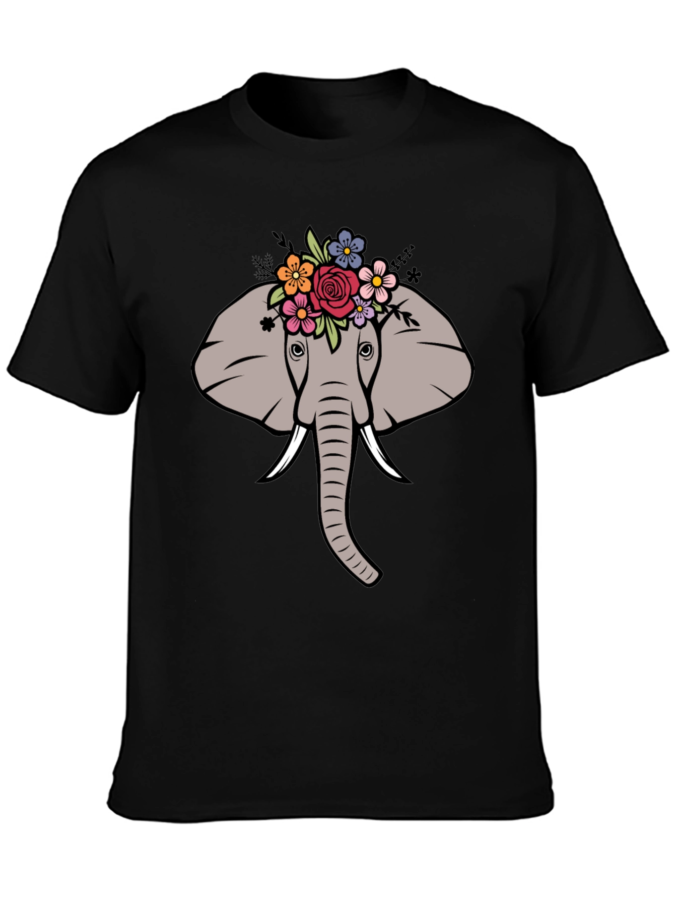 Black Floral Elephant Graphic Tee - Men's Black T-Shirt view 3